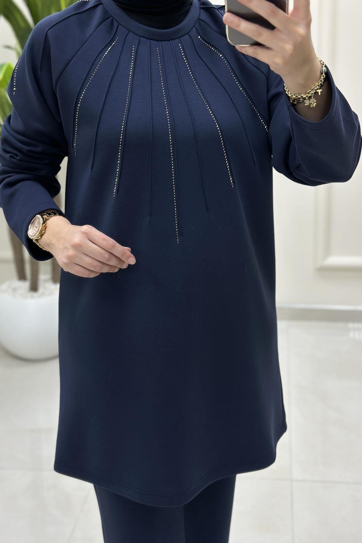 Tesettür Pantolonlu TakımReglan Kol Tunik ve Pantolon Taş Detaylı Kadın İkili Takım Lacivert VOL 1606