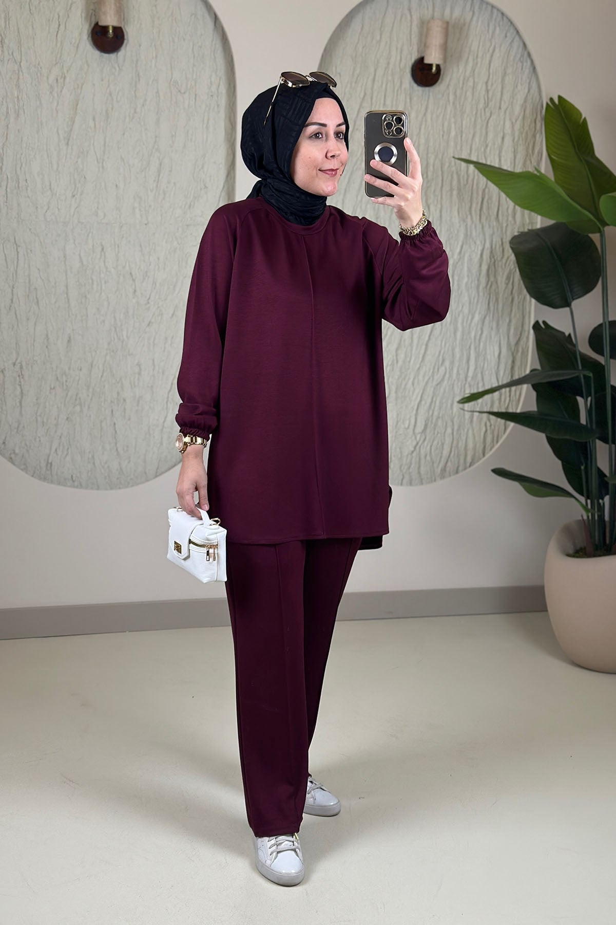 Tesettür Pantolonlu TakımReglan Kol Tunik ve Çimalı Pantolon Kadın İkili Takım Bordo GNR 268