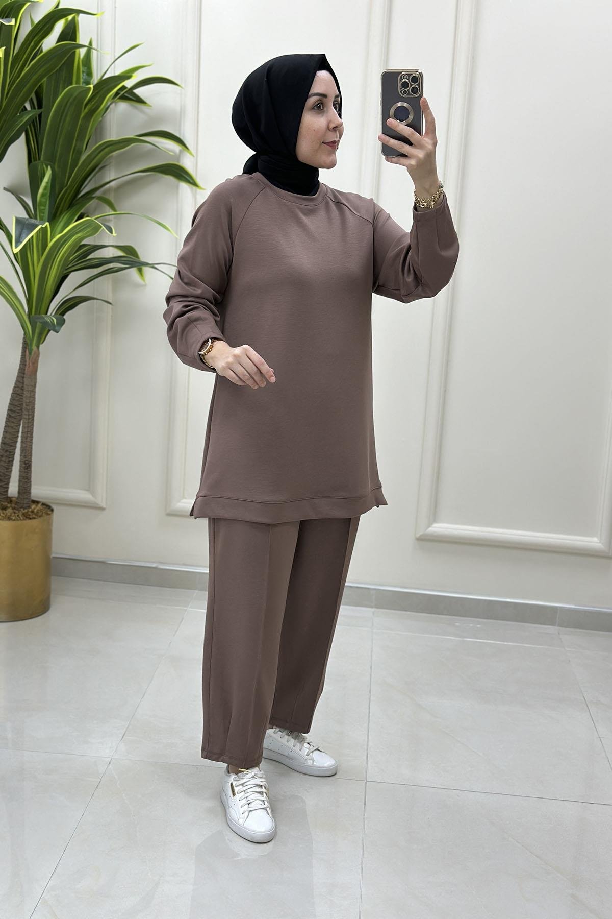 Tesettür Pantolonlu TakımReglan Kol Tunik ve Pantolon Kadın İkili Takım Vizon KADO 251235