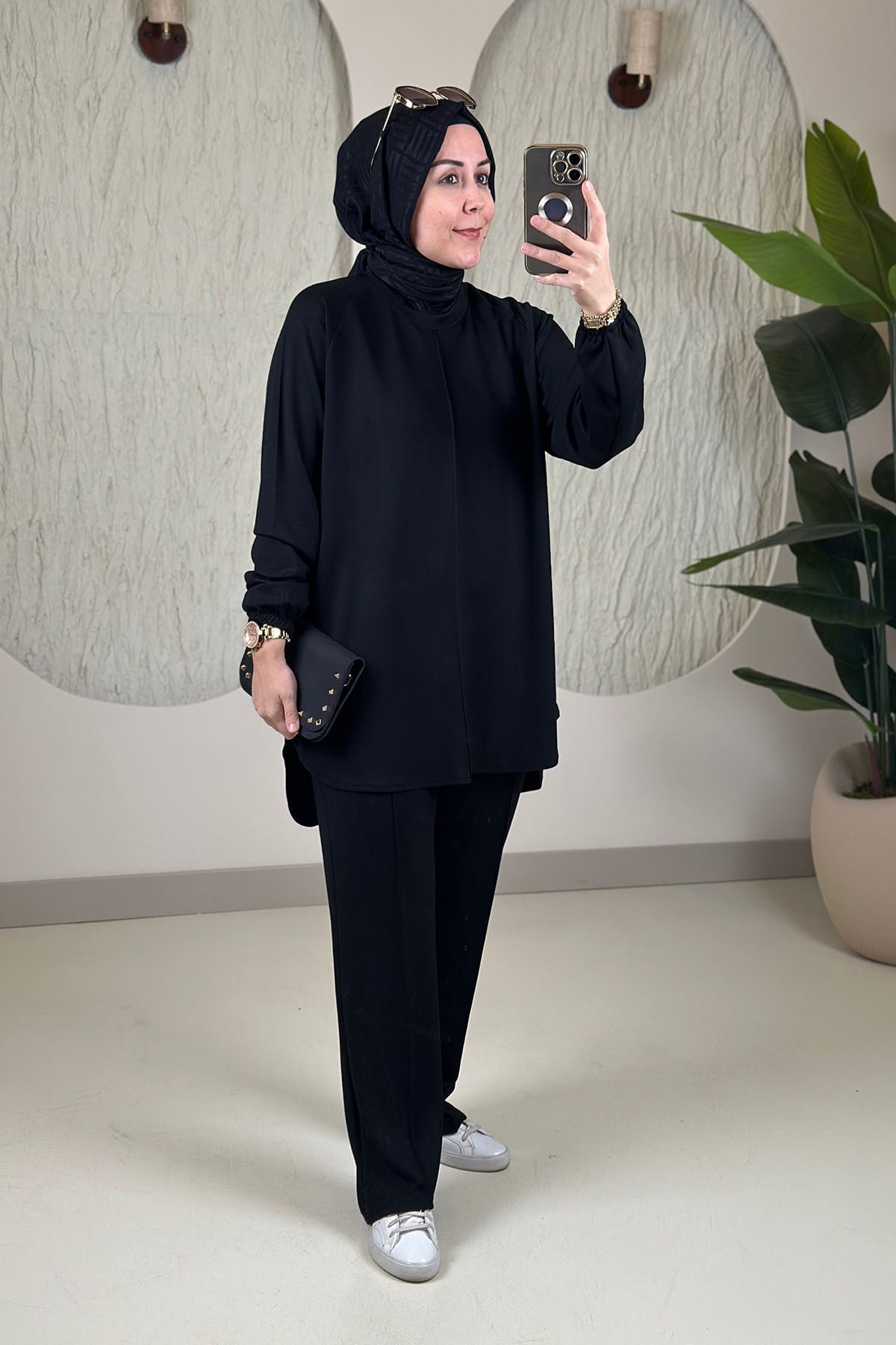 Tesettür Pantolonlu TakımReglan Kol Tunik ve Çimalı Pantolon Kadın İkili Takım Siyah GNR 268