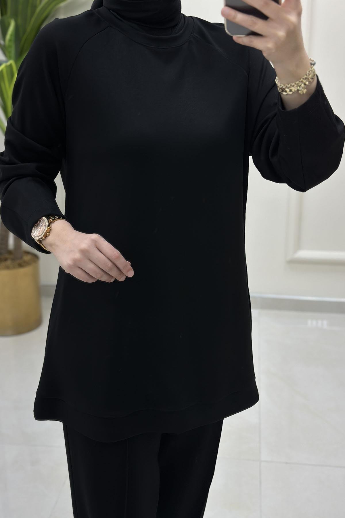Tesettür Pantolonlu TakımReglan Kol Tunik ve Pantolon Kadın İkili Takım Siyah KADO 251235