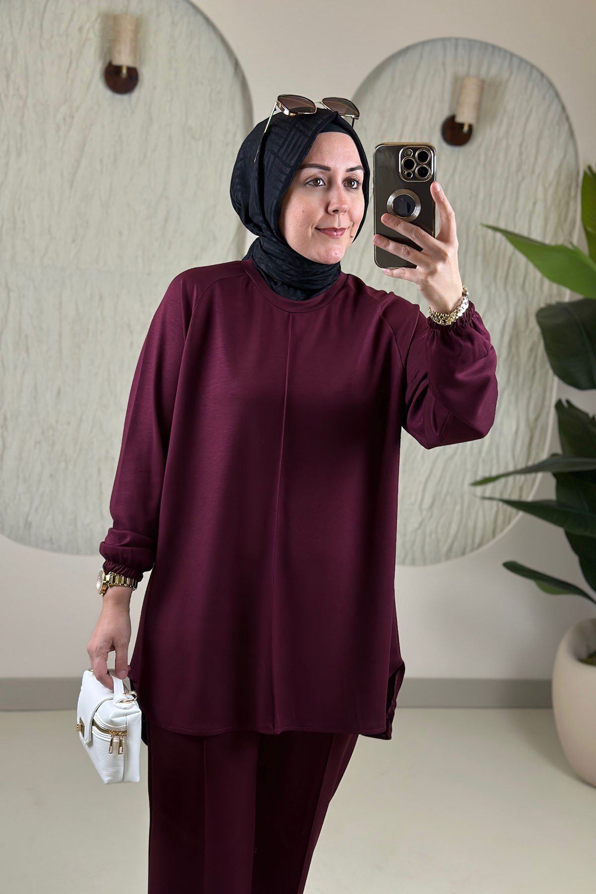 Tesettür Pantolonlu TakımReglan Kol Tunik ve Çimalı Pantolon Kadın İkili Takım Bordo GNR 268