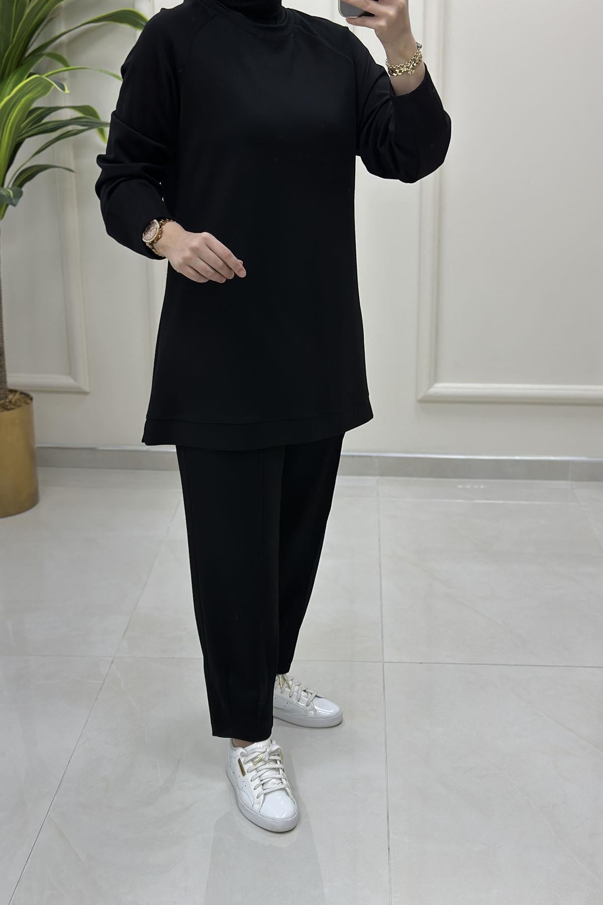 Tesettür Pantolonlu TakımReglan Kol Tunik ve Pantolon Kadın İkili Takım Siyah KADO 251235