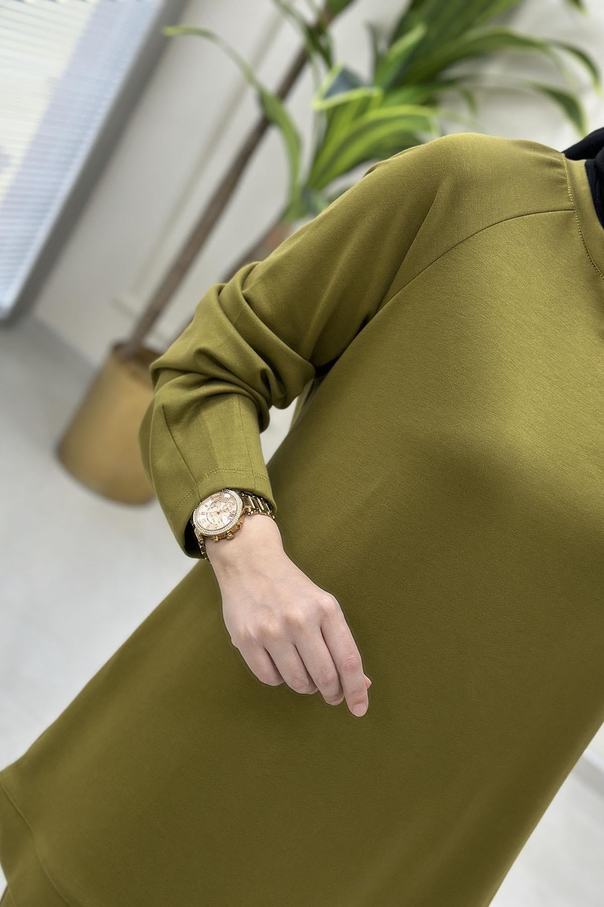 Tesettür Pantolonlu TakımReglan Kol Tunik ve Pantolon Kadın İkili Takım Yağ Yeşili KADO 251235