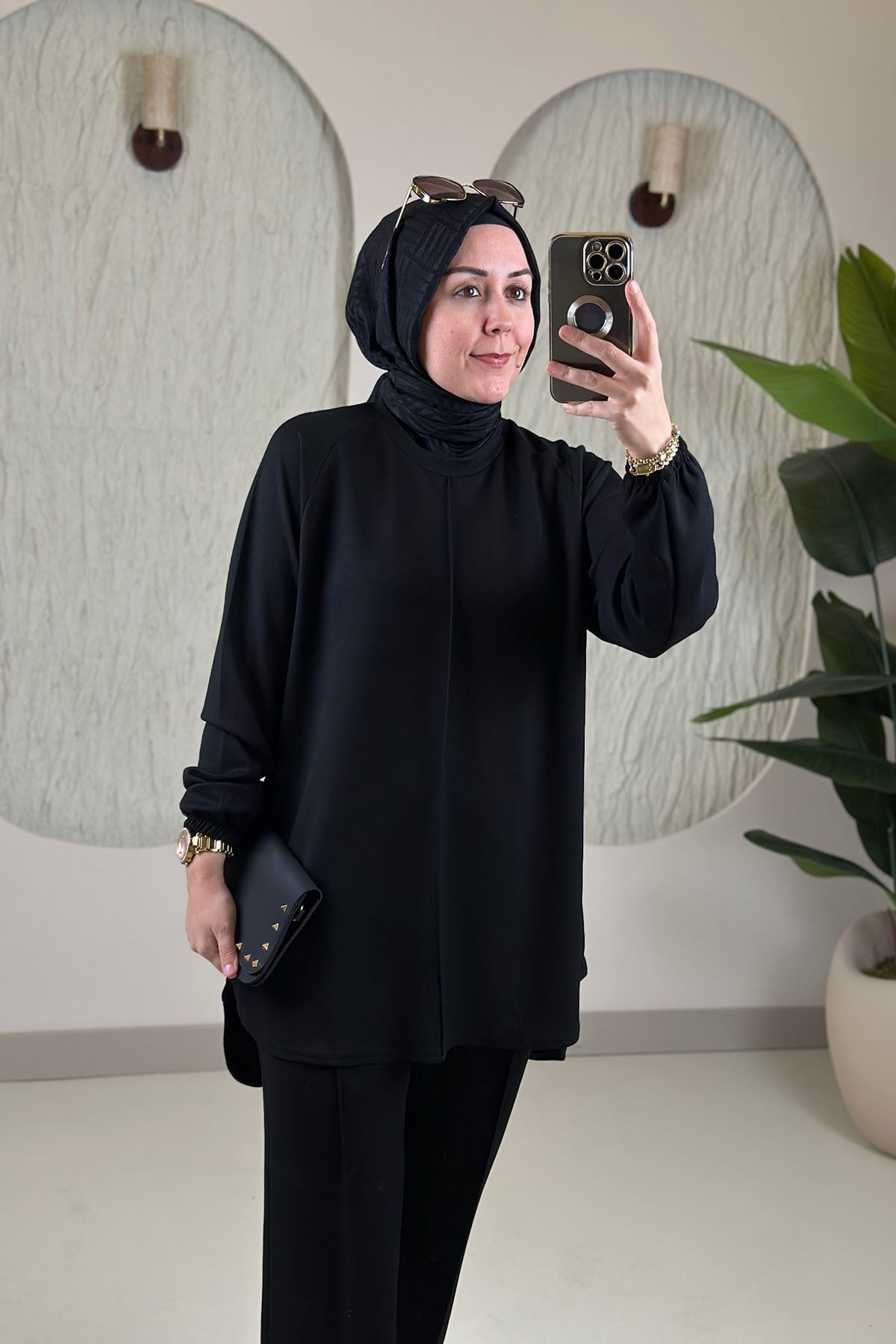 Tesettür Pantolonlu TakımReglan Kol Tunik ve Çimalı Pantolon Kadın İkili Takım Siyah GNR 268