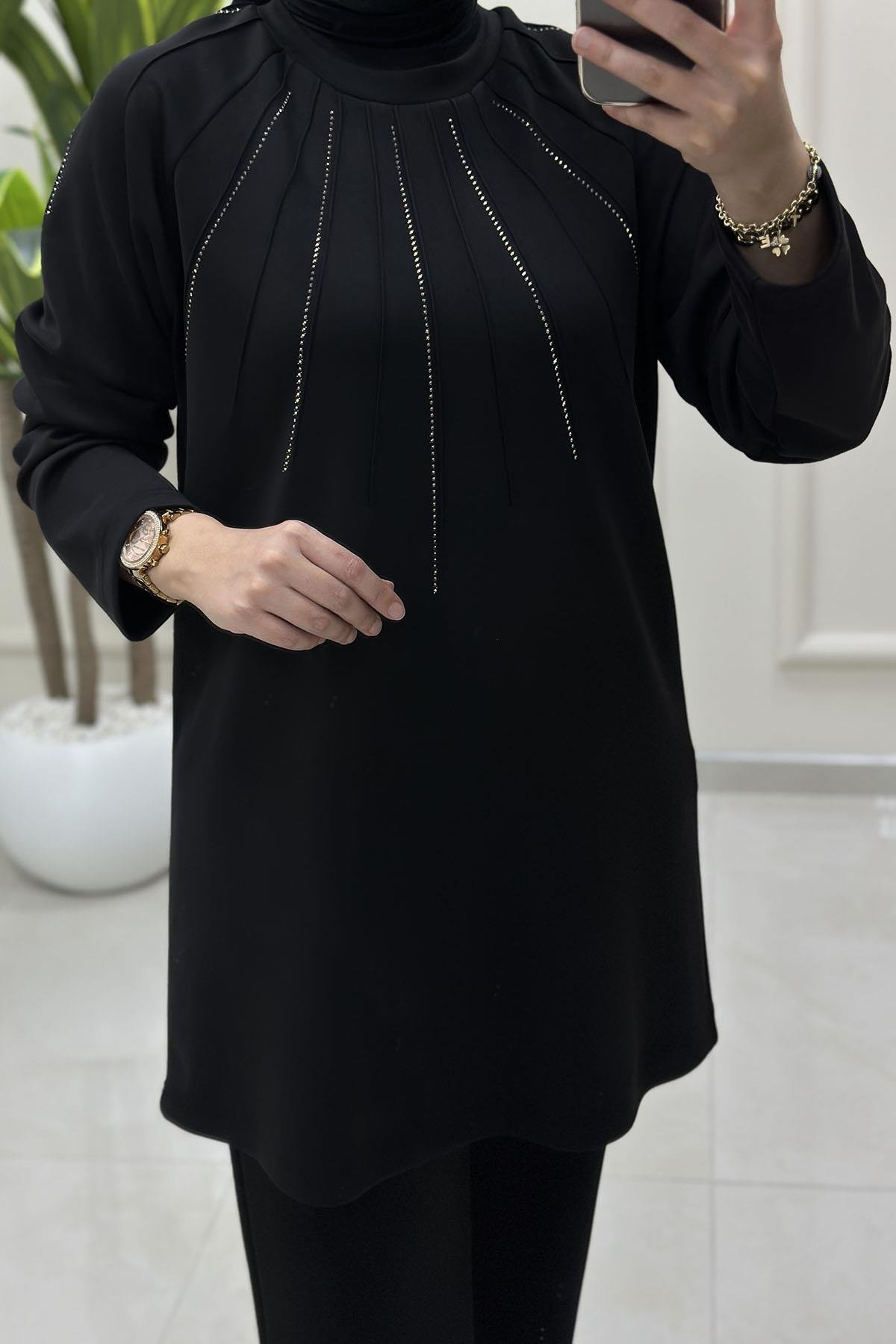 Tesettür Pantolonlu TakımReglan Kol Tunik ve Pantolon Taş Detaylı Kadın İkili Takım Siyah VOL 1606