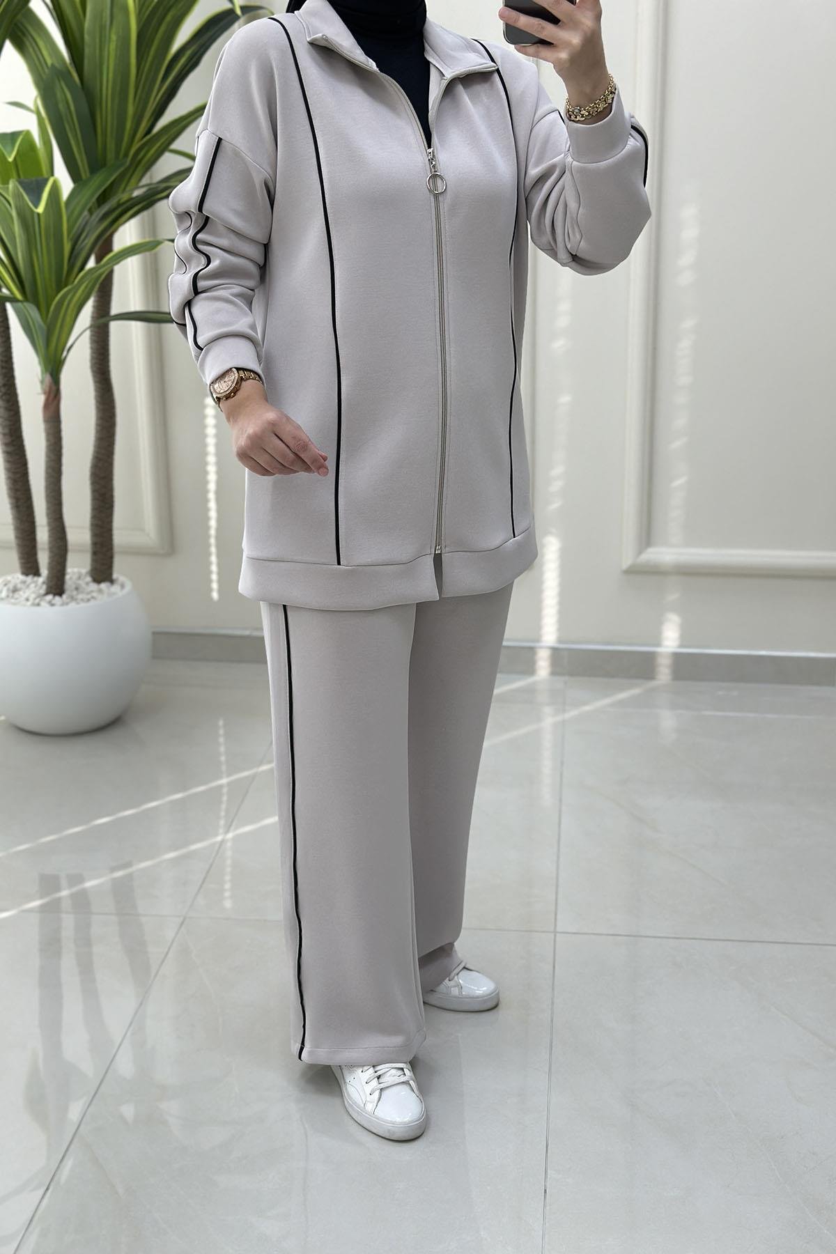 Tesettür Pantolonlu TakımŞerit Detaylı Düşük Omuz Giyçık ve Pantolon Kadın Oysho İkili Takım Taş MSE 8156