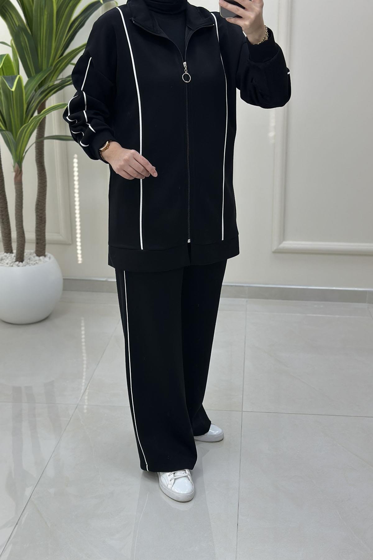 Tesettür Pantolonlu TakımŞerit Detaylı Düşük Omuz Giyçık ve Pantolon Kadın Oysho İkili Takım Siyah MSE 8156