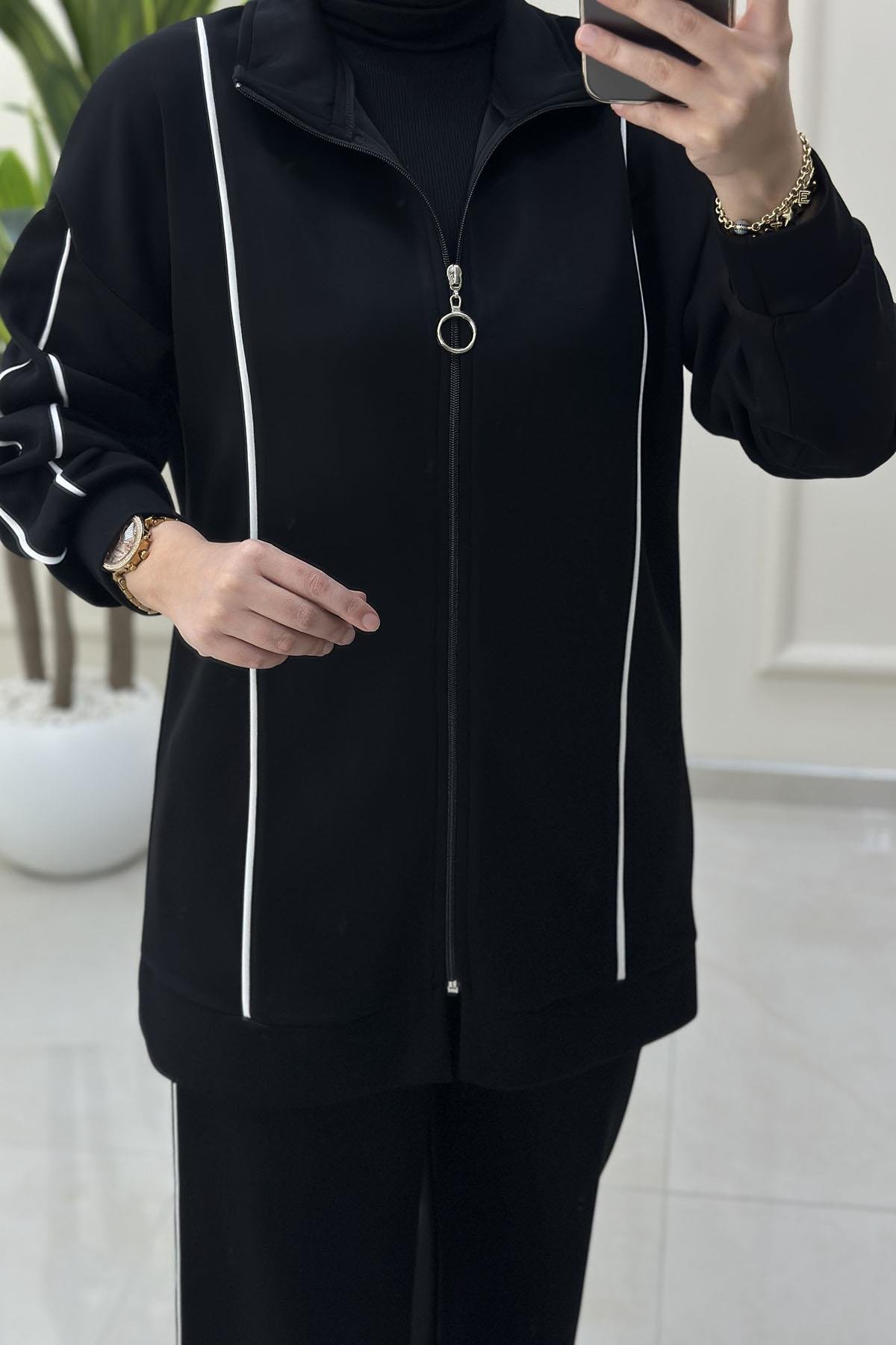 Tesettür Pantolonlu TakımŞerit Detaylı Düşük Omuz Giyçık ve Pantolon Kadın Oysho İkili Takım Siyah MSE 8156