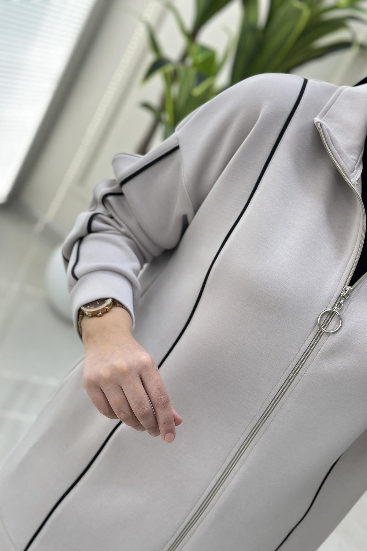 Tesettür Pantolonlu TakımŞerit Detaylı Düşük Omuz Giyçık ve Pantolon Kadın Oysho İkili Takım Taş MSE 8156