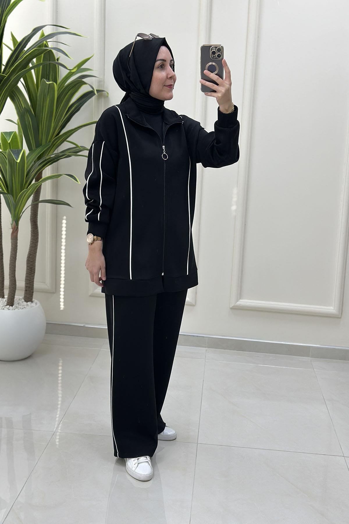 Tesettür Pantolonlu TakımŞerit Detaylı Düşük Omuz Giyçık ve Pantolon Kadın Oysho İkili Takım Siyah MSE 8156