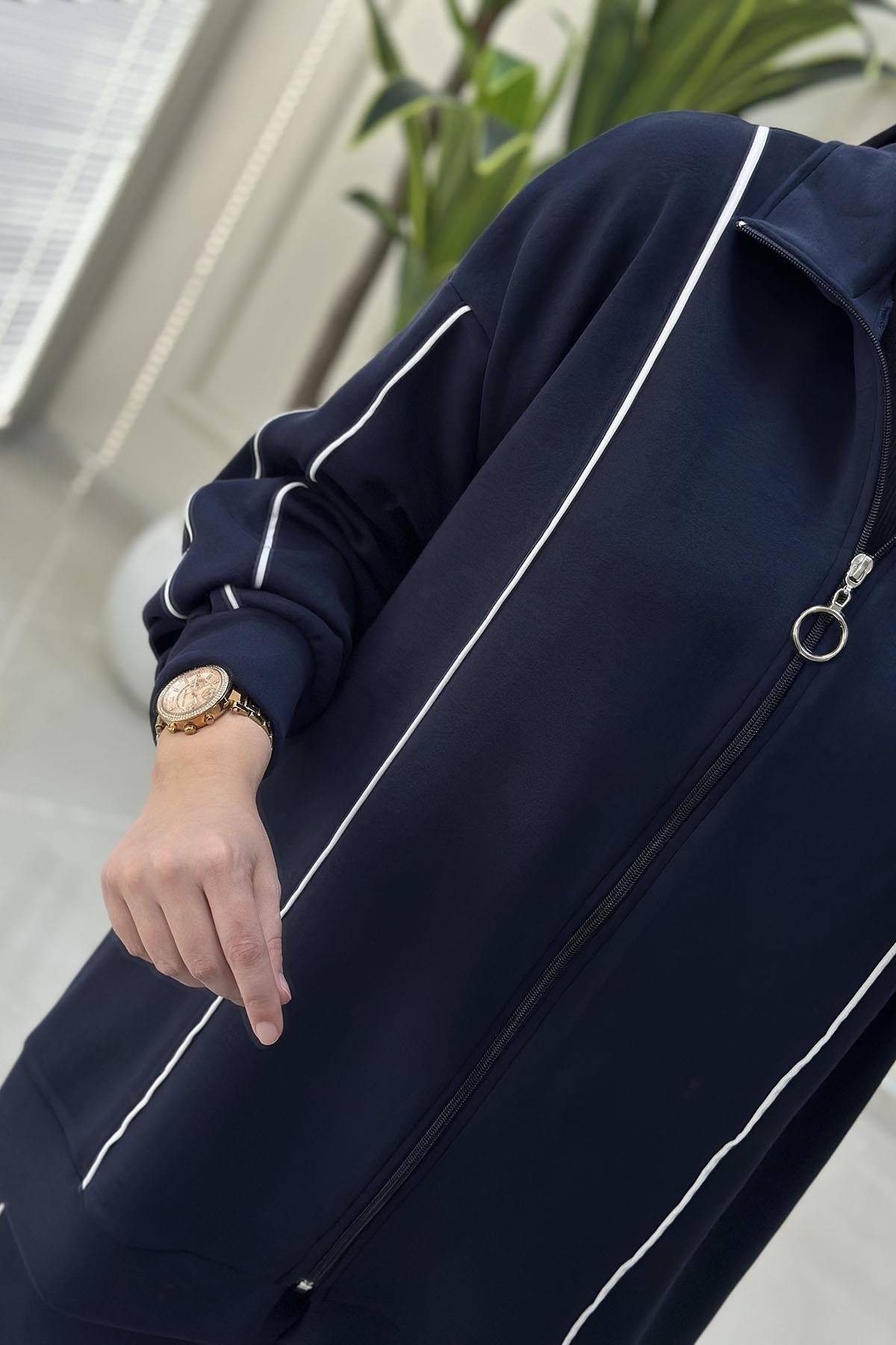 Tesettür Pantolonlu TakımŞerit Detaylı Düşük Omuz Giyçık ve Pantolon Kadın Oysho İkili Takım Lacivert MSE 8156