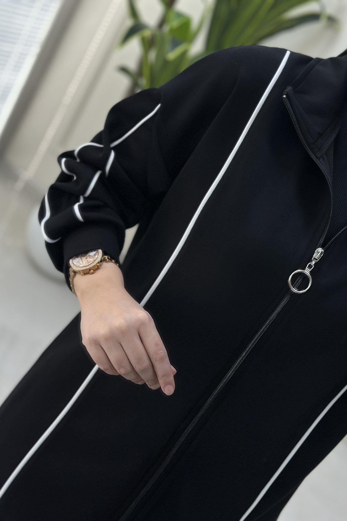 Tesettür Pantolonlu TakımŞerit Detaylı Düşük Omuz Giyçık ve Pantolon Kadın Oysho İkili Takım Siyah MSE 8156