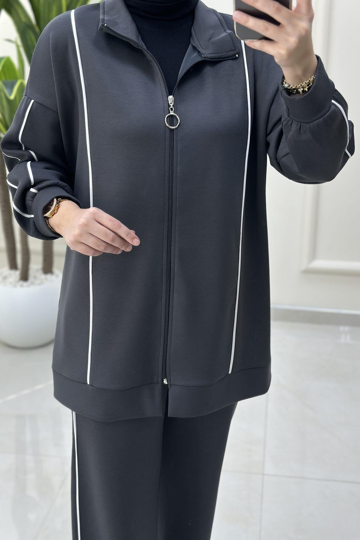 Tesettür Pantolonlu TakımŞerit Detaylı Düşük Omuz Giyçık ve Pantolon Kadın Oysho İkili Takım Antrasit MSE 8156