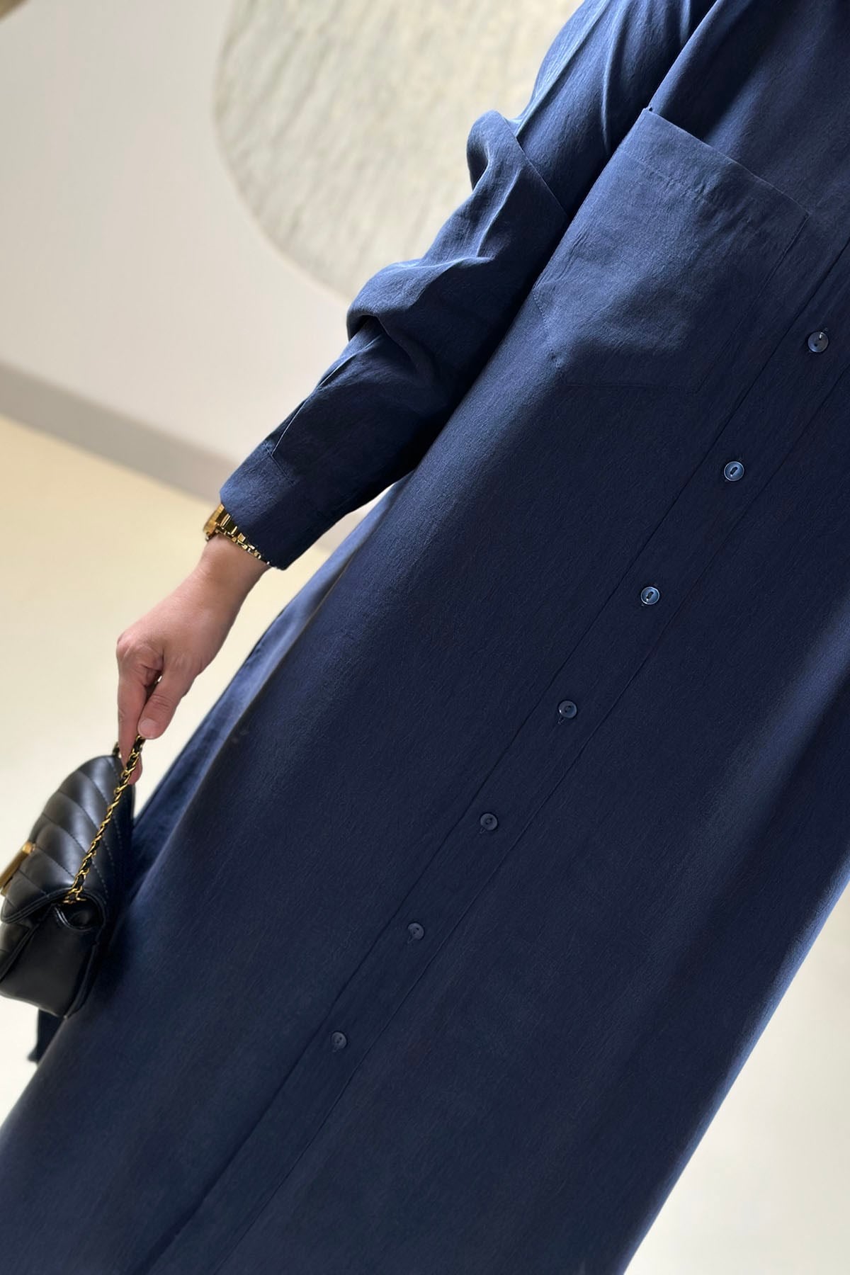 Tesettür Pantolonlu TakımTensel Önü Düğmeli Tunik ve Pantolon Kadın İkili Takım Lacivert EYL 2214