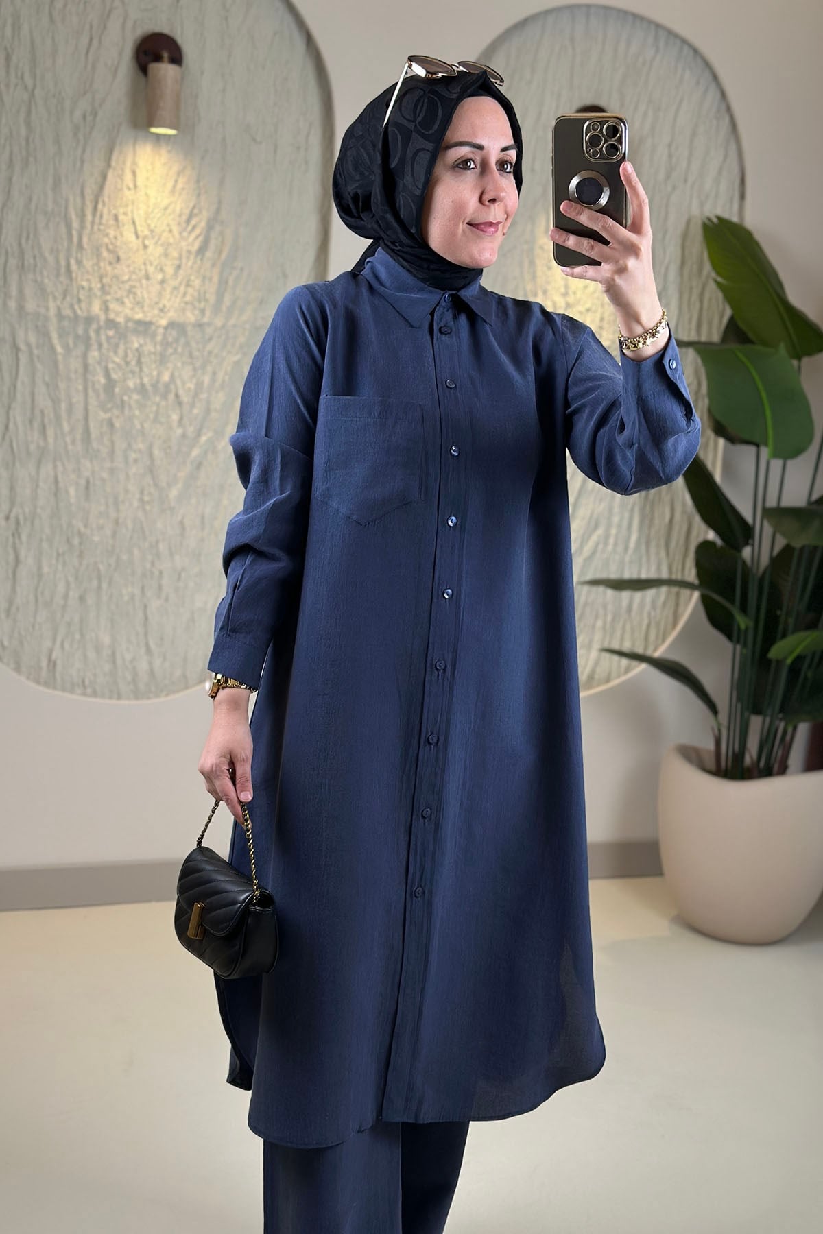 Tesettür Pantolonlu TakımTensel Önü Düğmeli Tunik ve Pantolon Kadın İkili Takım Lacivert EYL 2214