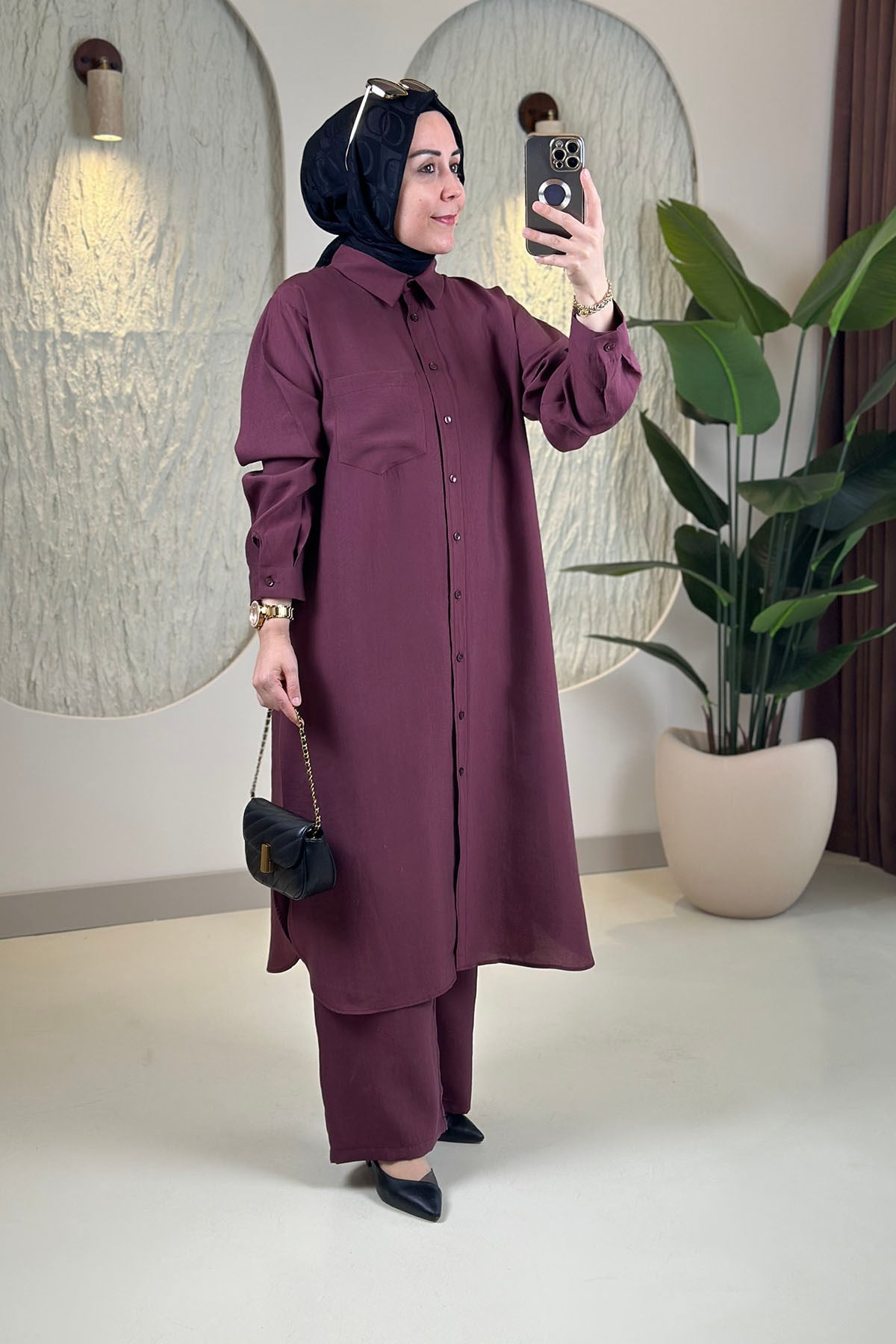 Tesettür Pantolonlu TakımTensel Önü Düğmeli Tunik ve Pantolon Kadın İkili Takım  Mürdüm EYL 2214
