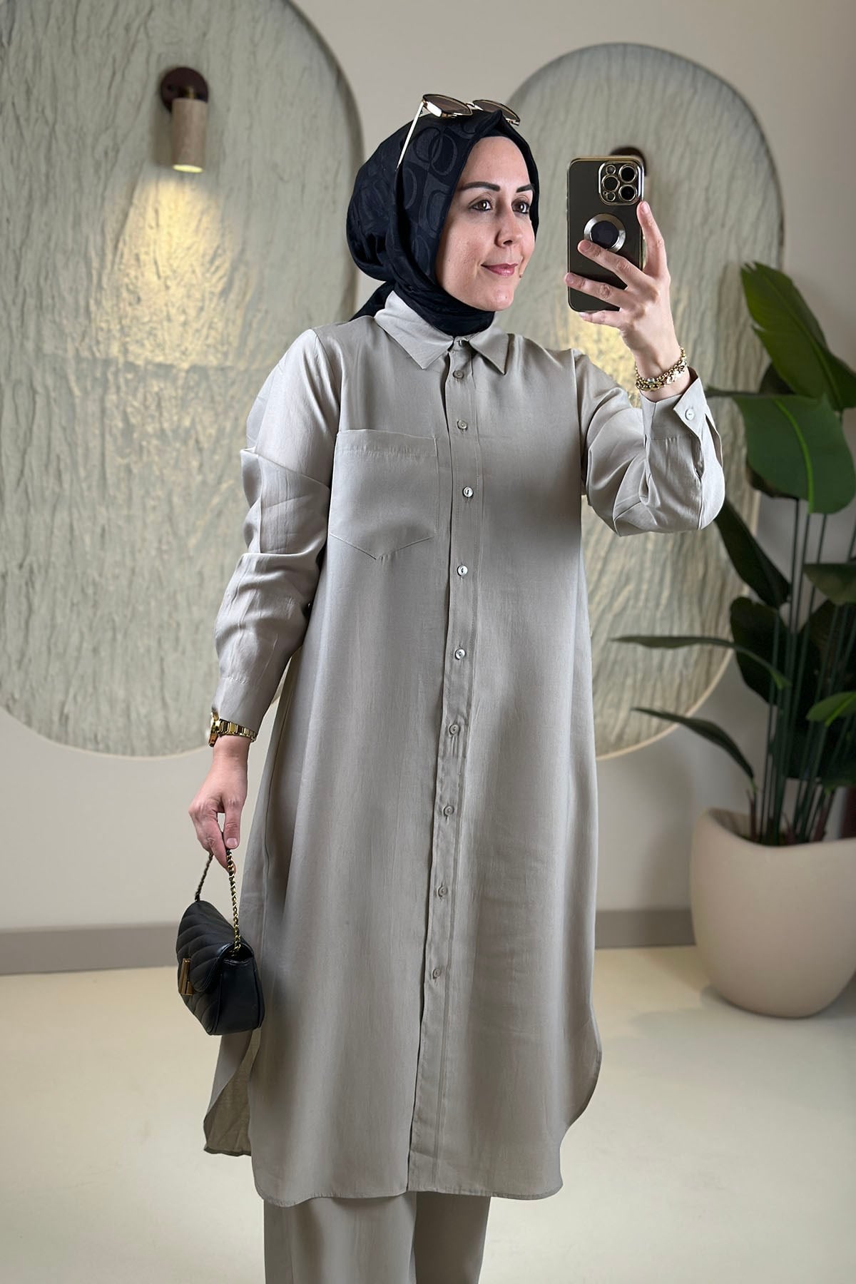 Tesettür Pantolonlu TakımTensel Önü Düğmeli Tunik ve Pantolon Kadın İkili Takım Taş EYL 2214