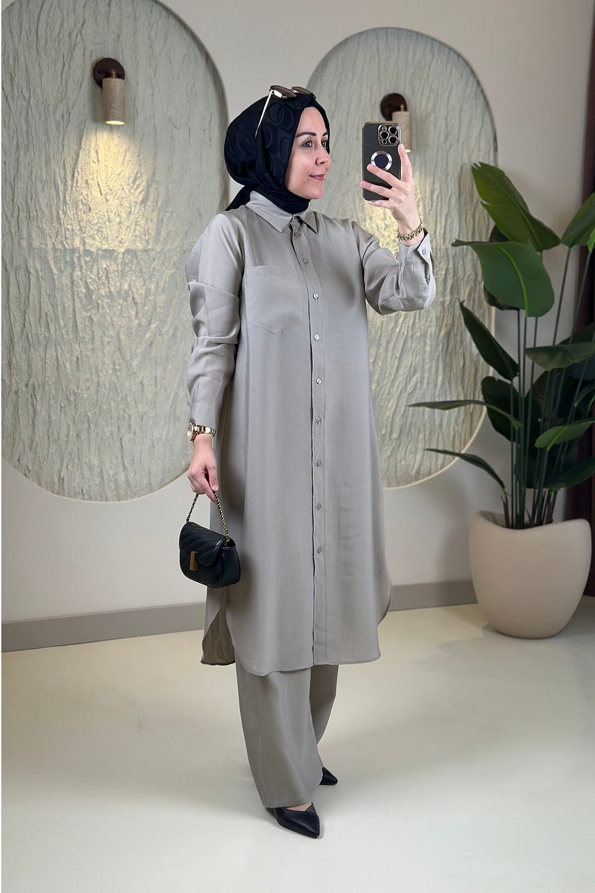 Tesettür Pantolonlu TakımTensel Önü Düğmeli Tunik ve Pantolon Kadın İkili Takım Taş EYL 2214