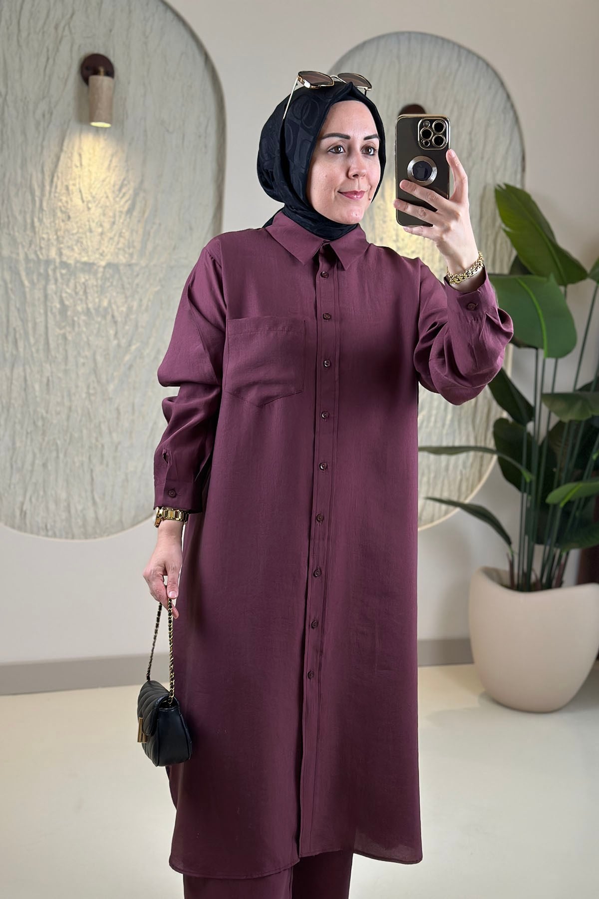 Tesettür Pantolonlu TakımTensel Önü Düğmeli Tunik ve Pantolon Kadın İkili Takım  Mürdüm EYL 2214