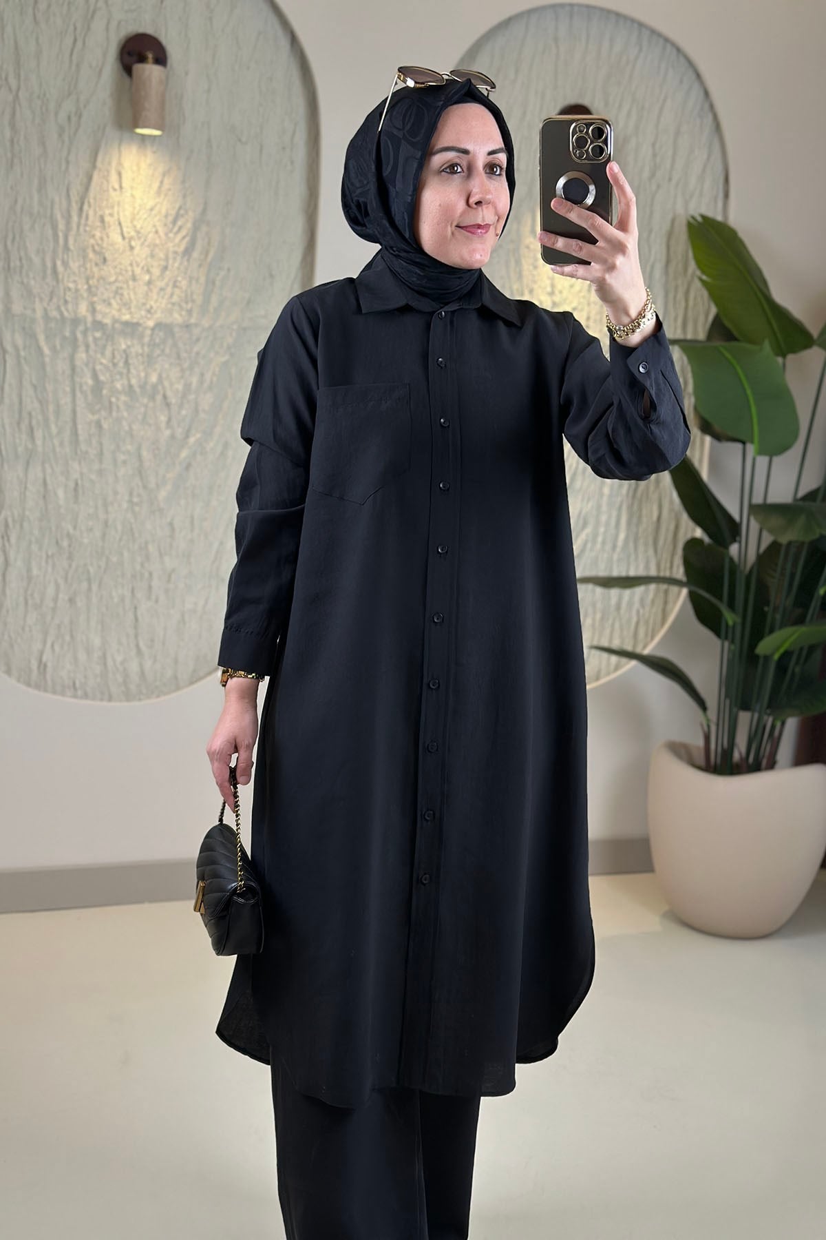 Tesettür Pantolonlu TakımTensel Önü Düğmeli Tunik ve Pantolon Kadın İkili Takım Siyah EYL 2214