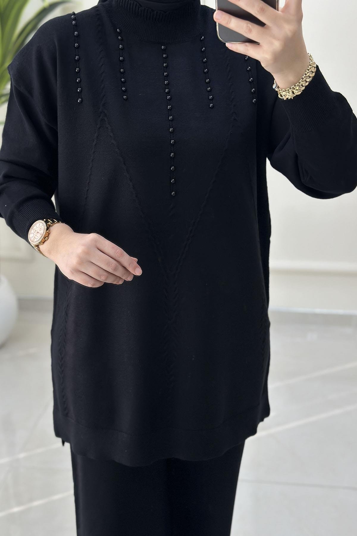 Tesettür Pantolonlu TakımTriko Düşük Omuz İnci Detaylı Tunik ve Pantolon Kadın İkili Takım Siyah SFF 5137