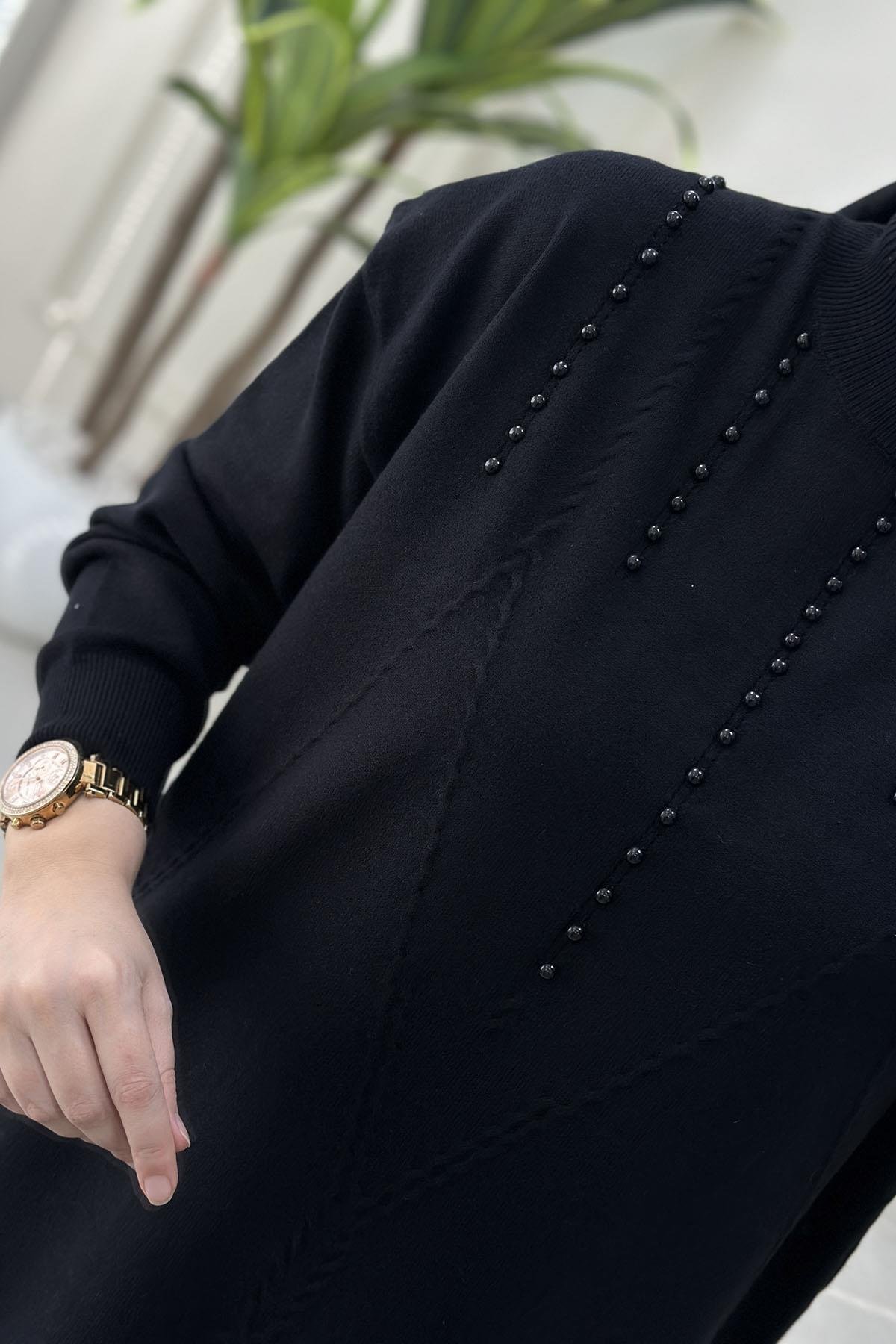 Tesettür Pantolonlu TakımTriko Düşük Omuz İnci Detaylı Tunik ve Pantolon Kadın İkili Takım Siyah SFF 5137