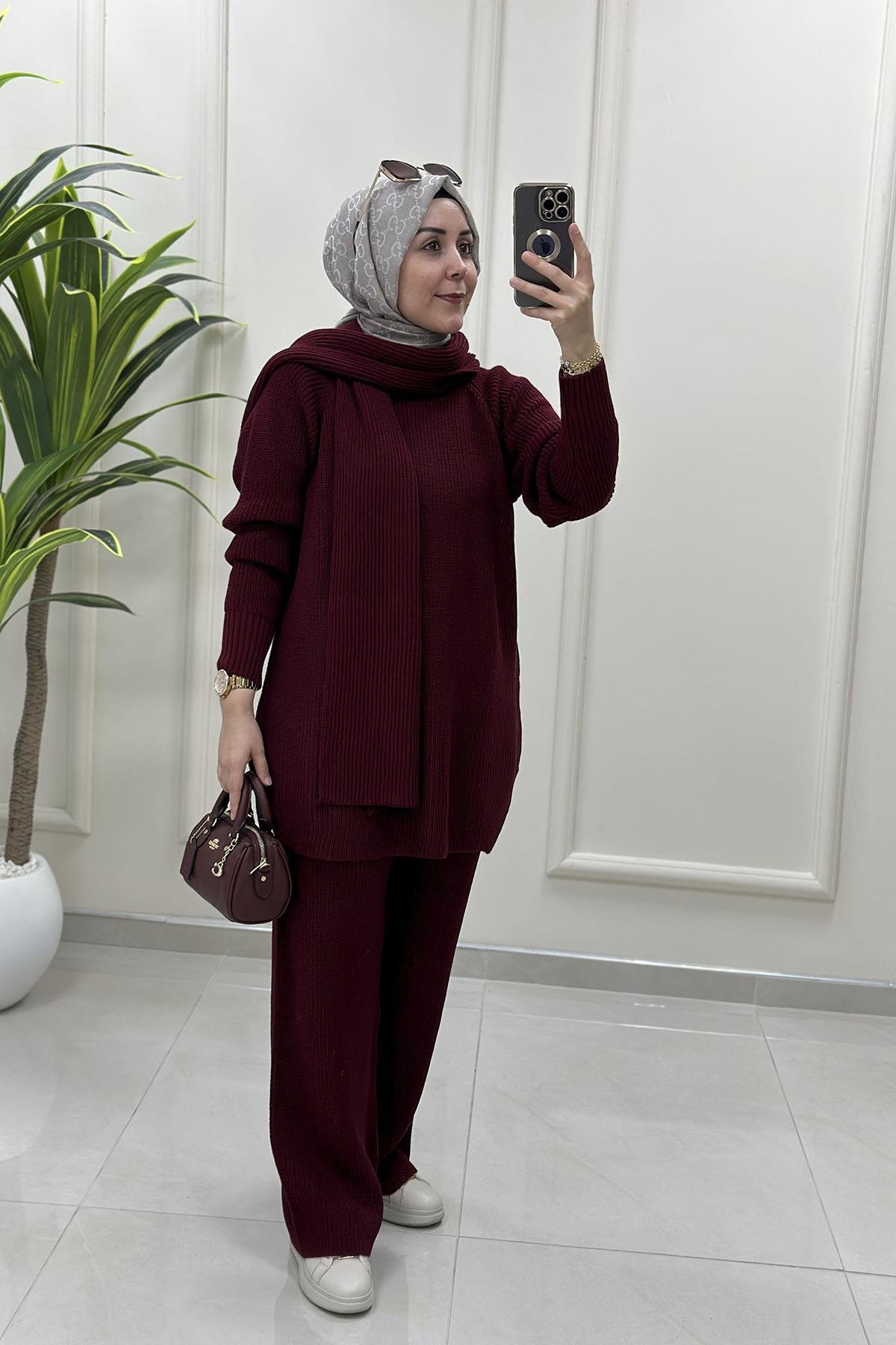 Tesettür Pantolonlu TakımTunik/Pantolon/Şal Atkı Kadın Üçlü Triko Takım  Bordo SRY 5014