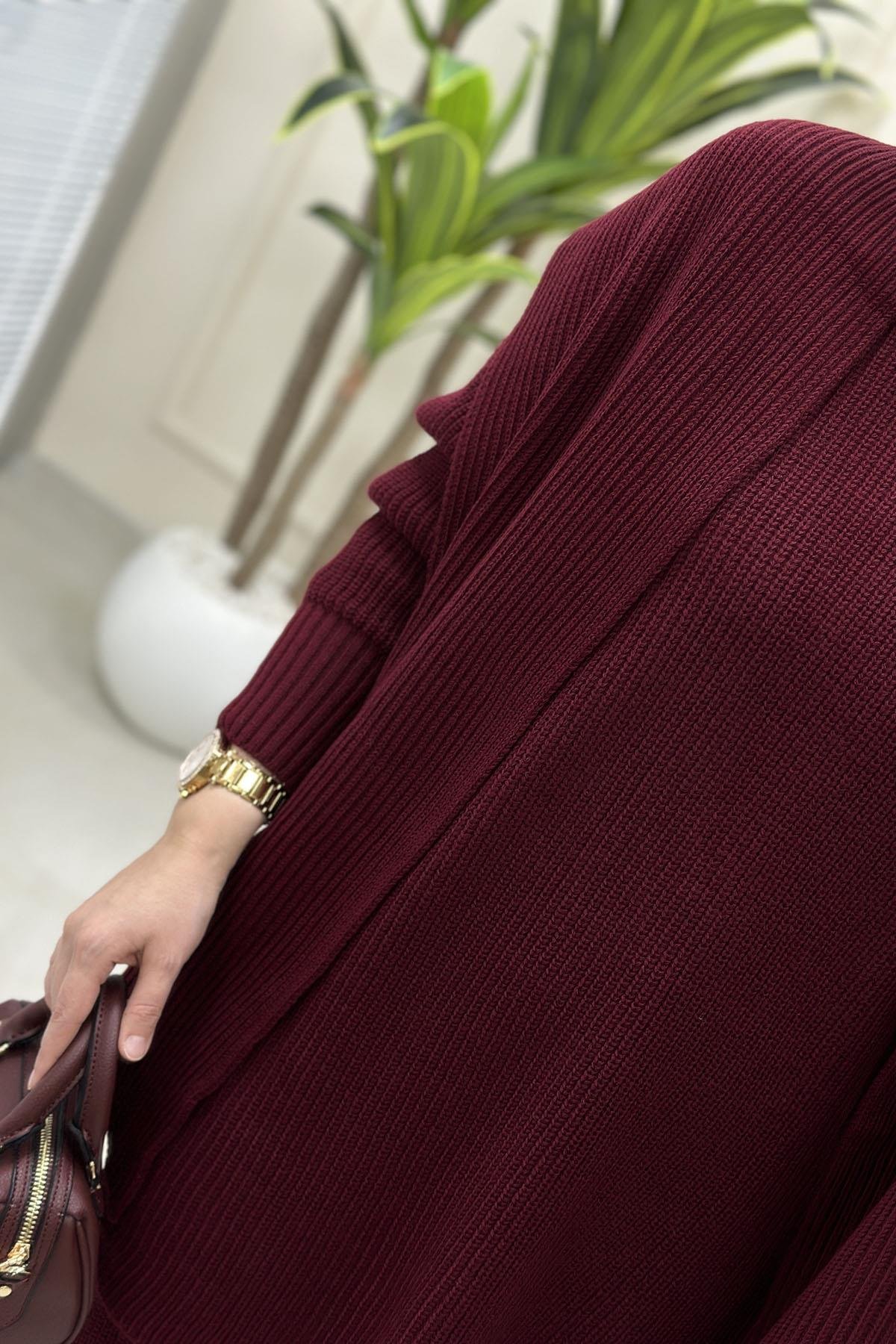 Tesettür Pantolonlu TakımTunik/Pantolon/Şal Atkı Kadın Üçlü Triko Takım  Bordo SRY 5014