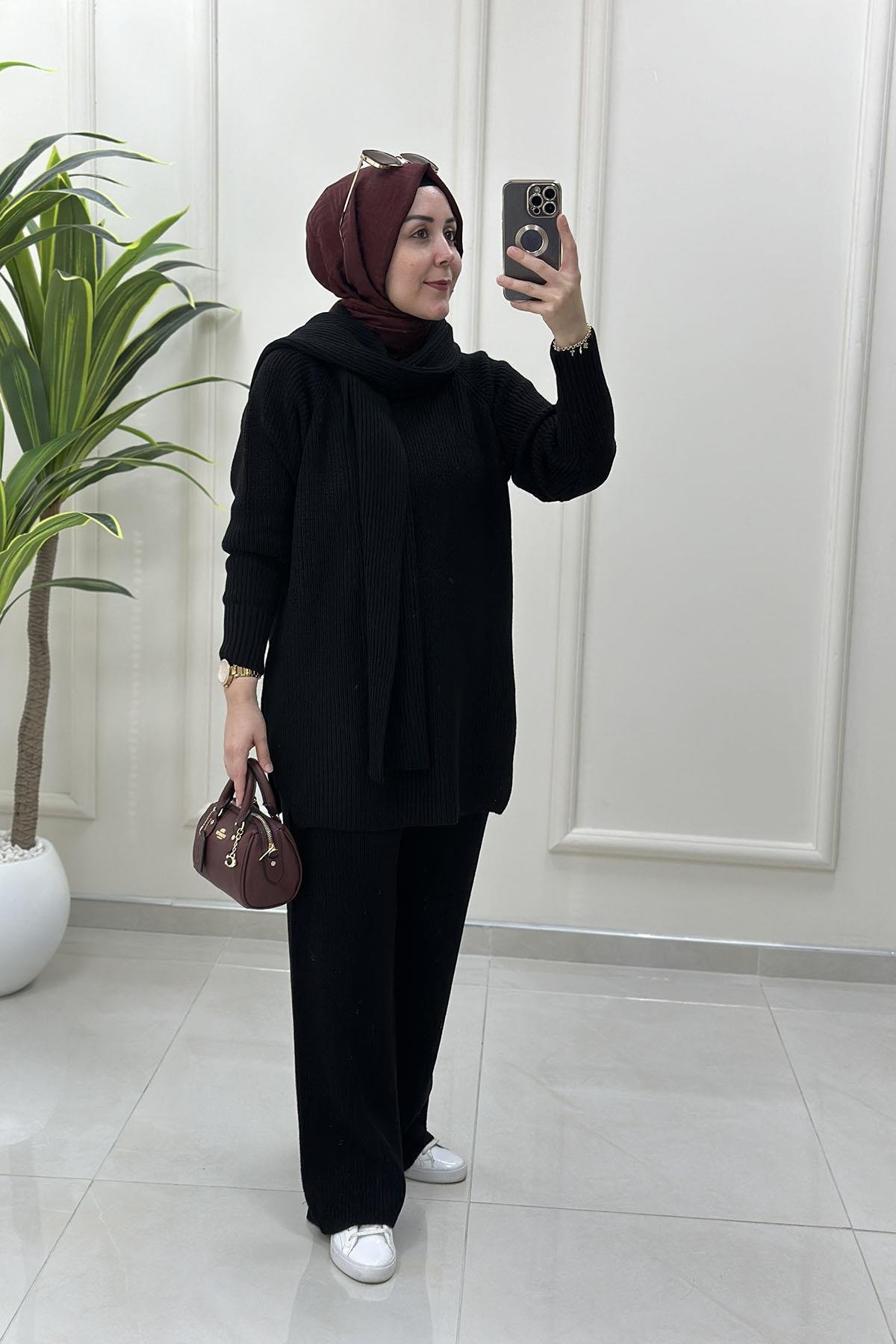 Tesettür Pantolonlu TakımTunik/Pantolon/Şal Atkı Kadın Üçlü Triko Takım  Siyah SRY 5014