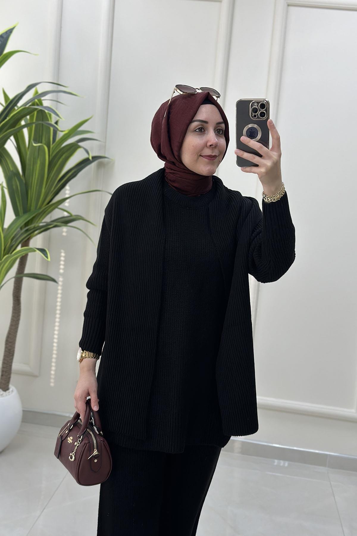 Tesettür Pantolonlu TakımTunik/Pantolon/Şal Atkı Kadın Üçlü Triko Takım  Siyah SRY 5014