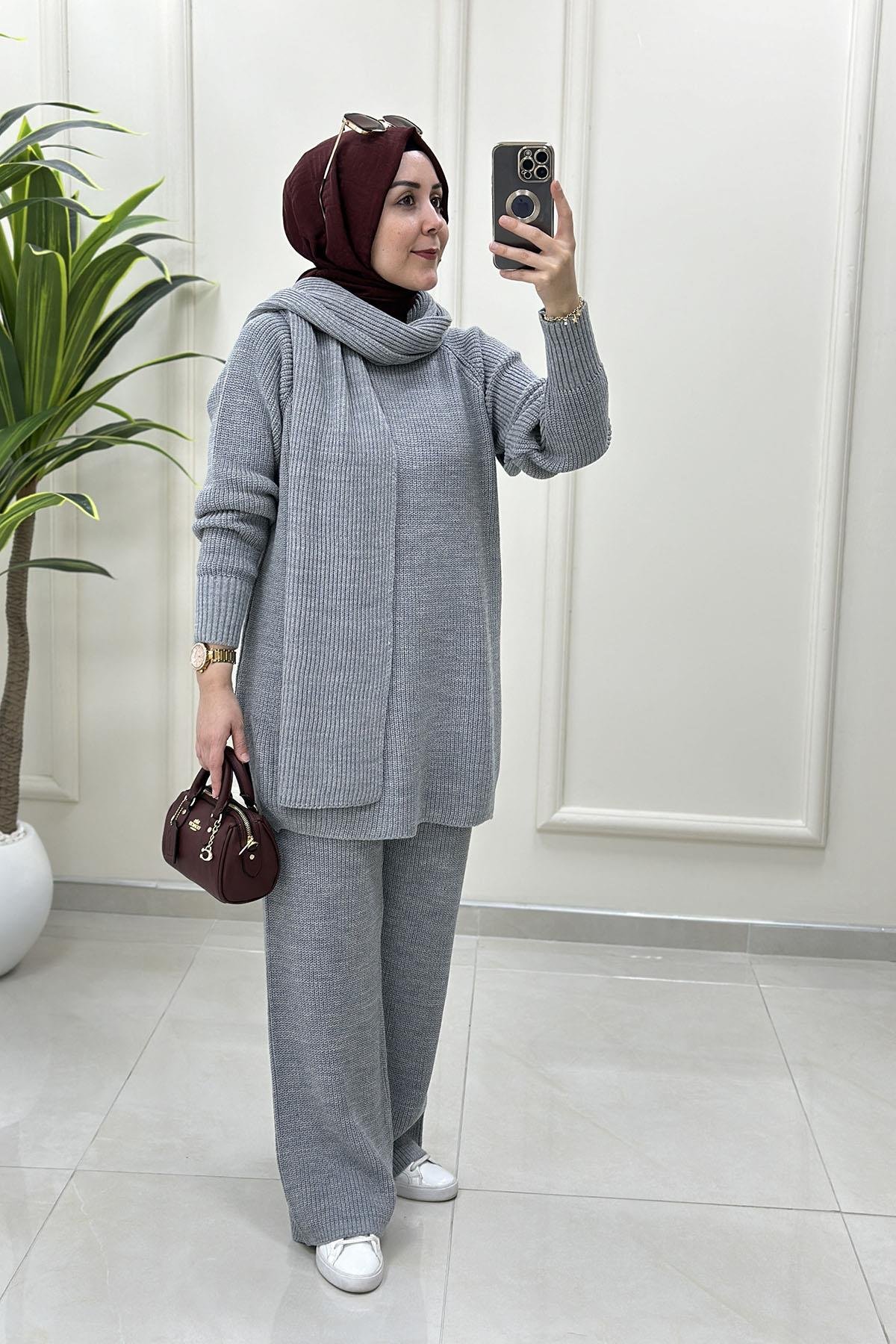 Tesettür Pantolonlu TakımTunik/Pantolon/Şal Atkı Kadın Üçlü Triko Takım Gri SRY 5014