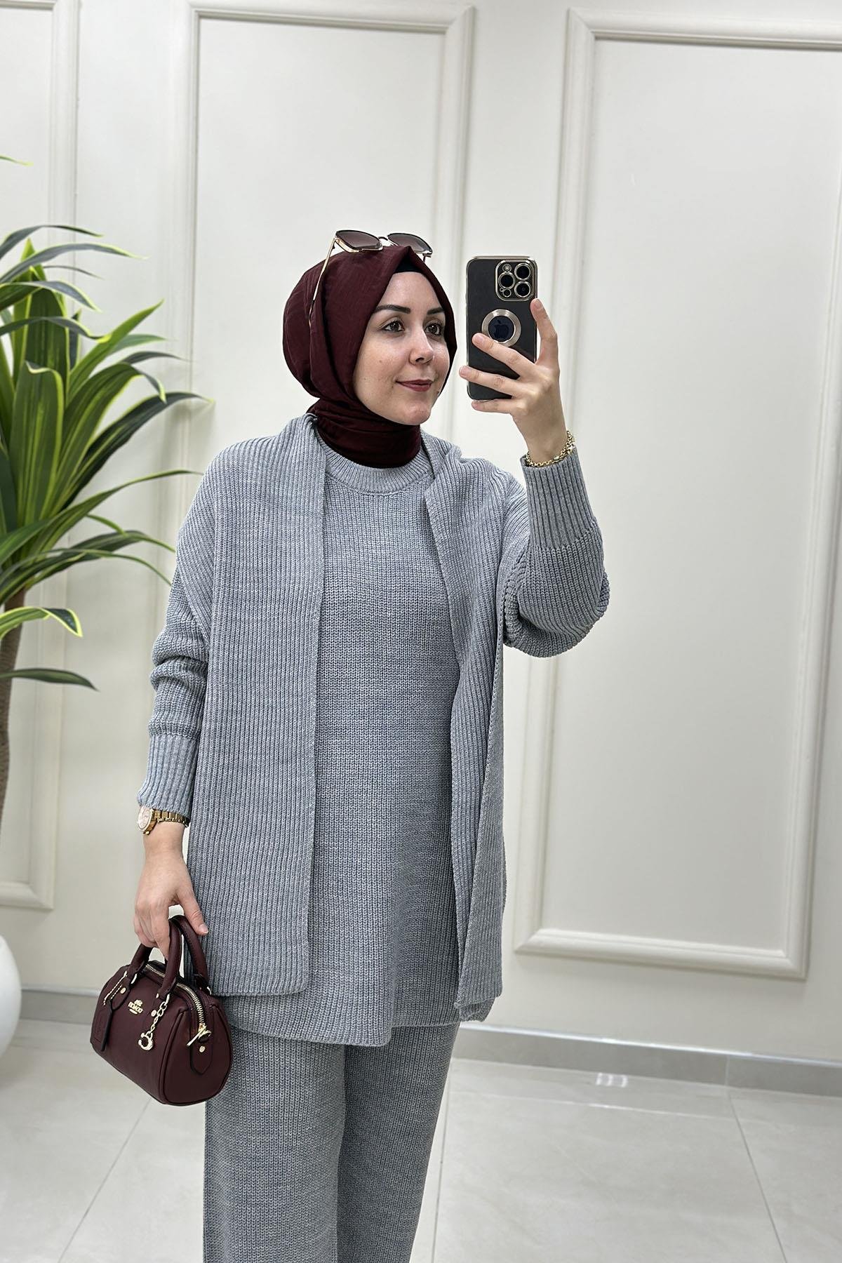 Tesettür Pantolonlu TakımTunik/Pantolon/Şal Atkı Kadın Üçlü Triko Takım Gri SRY 5014