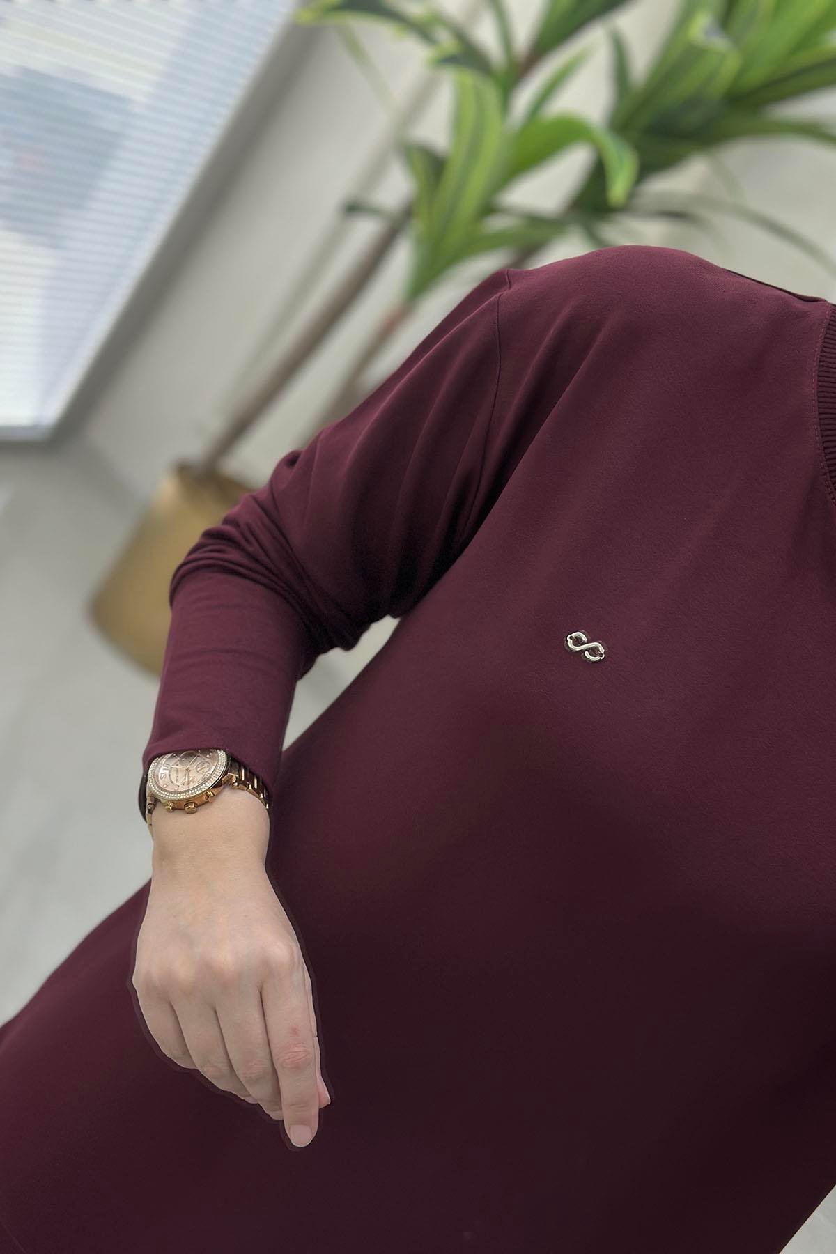 Tesettür Pantolonlu TakımYaka Ribanalı Tunik ve Önü Çimalı Pantolon Kadın İkili Takım Açık Bordo KADO 257272