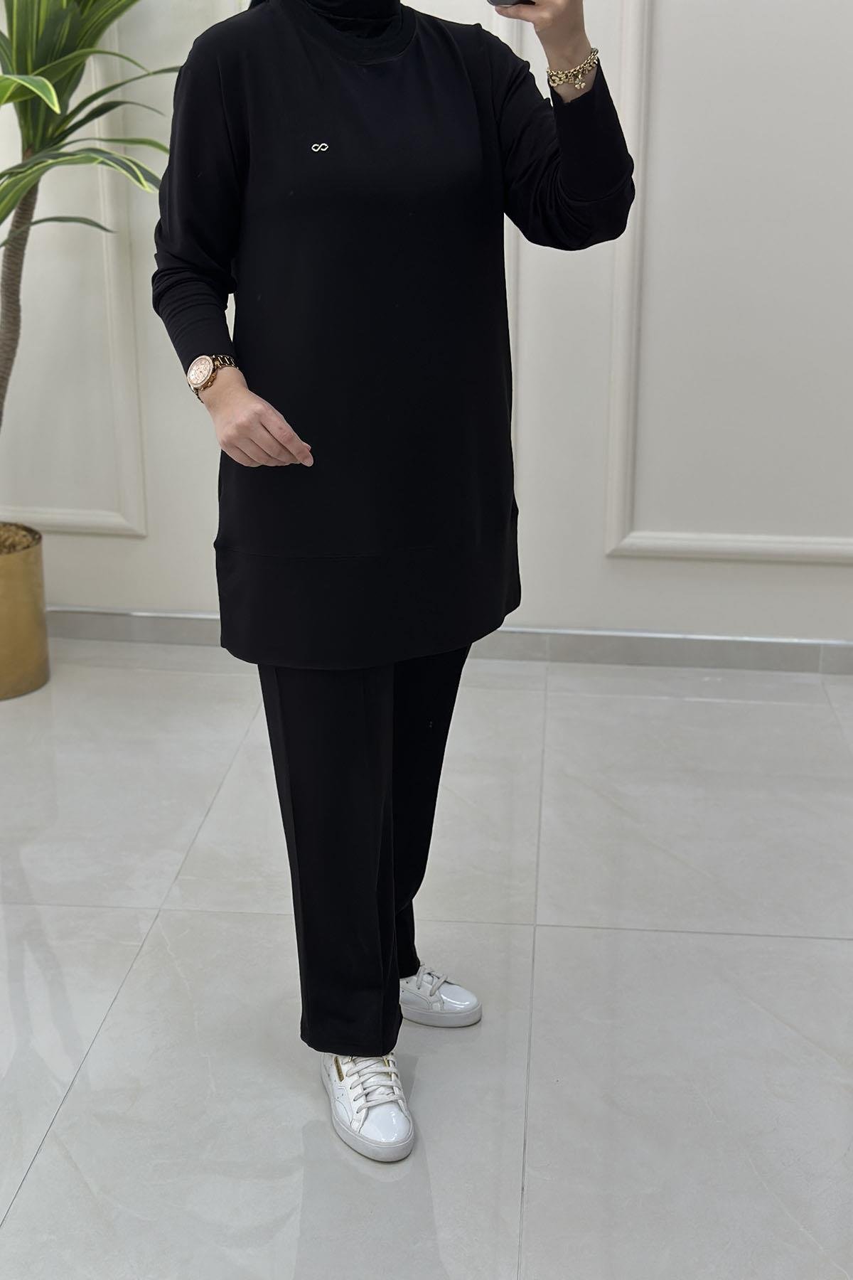 Tesettür Pantolonlu TakımYaka Ribanalı Tunik ve Önü Çimalı Pantolon Kadın İkili Takım Siyah KADO 257272