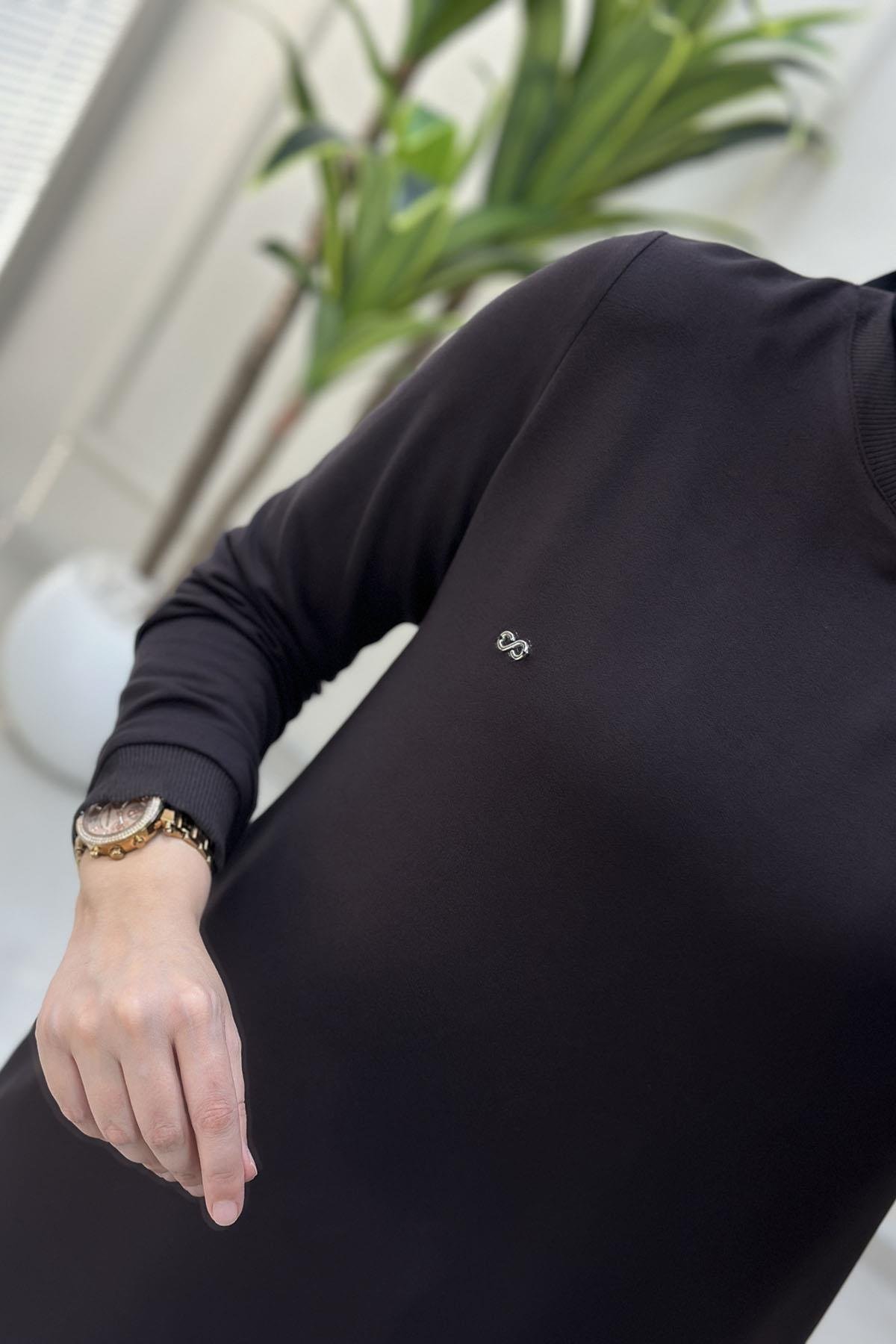 Tesettür Pantolonlu TakımYaka ve Kol Ribanalı Tunik ve Pantolon Kadın İkili Takım Kahverengi KADO 257796