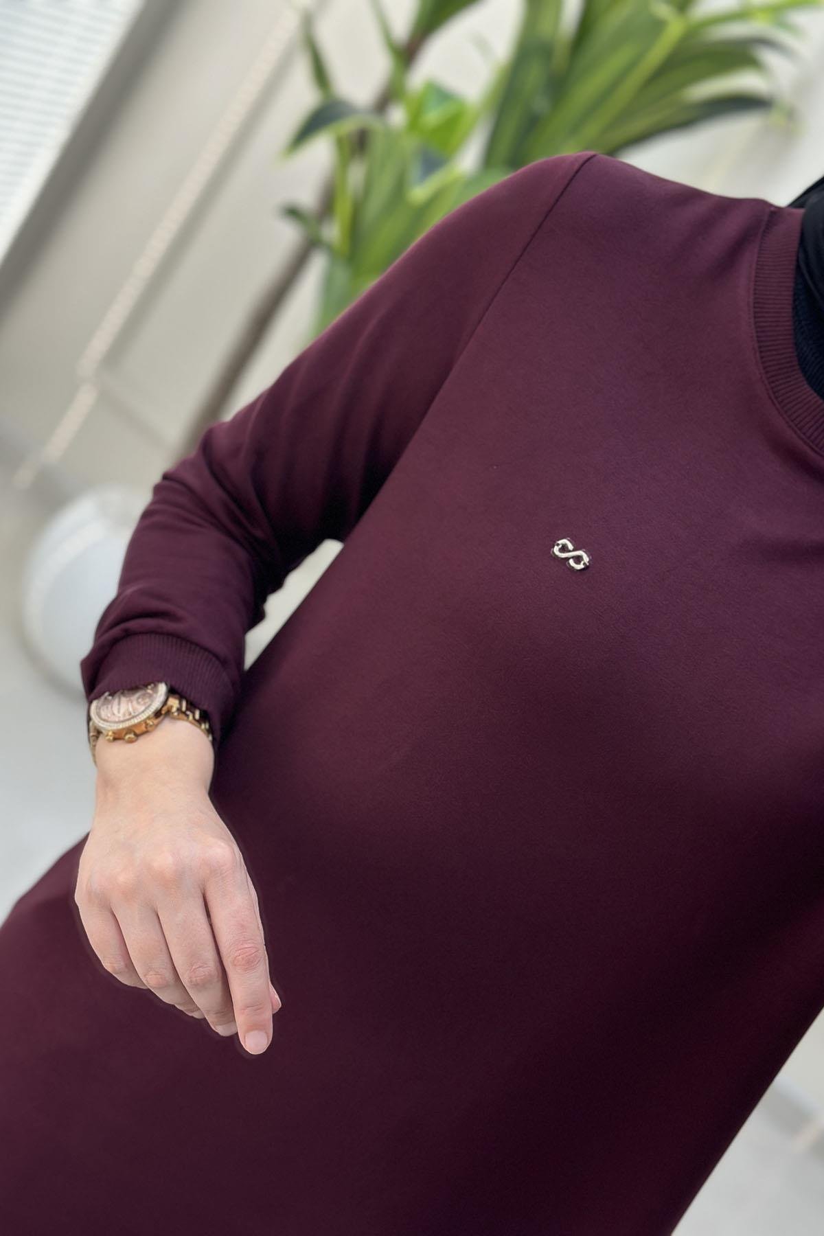 Tesettür Pantolonlu TakımYaka ve Kol Ribanalı Tunik ve Pantolon Kadın İkili Takım Açık Bordo KADO 257796