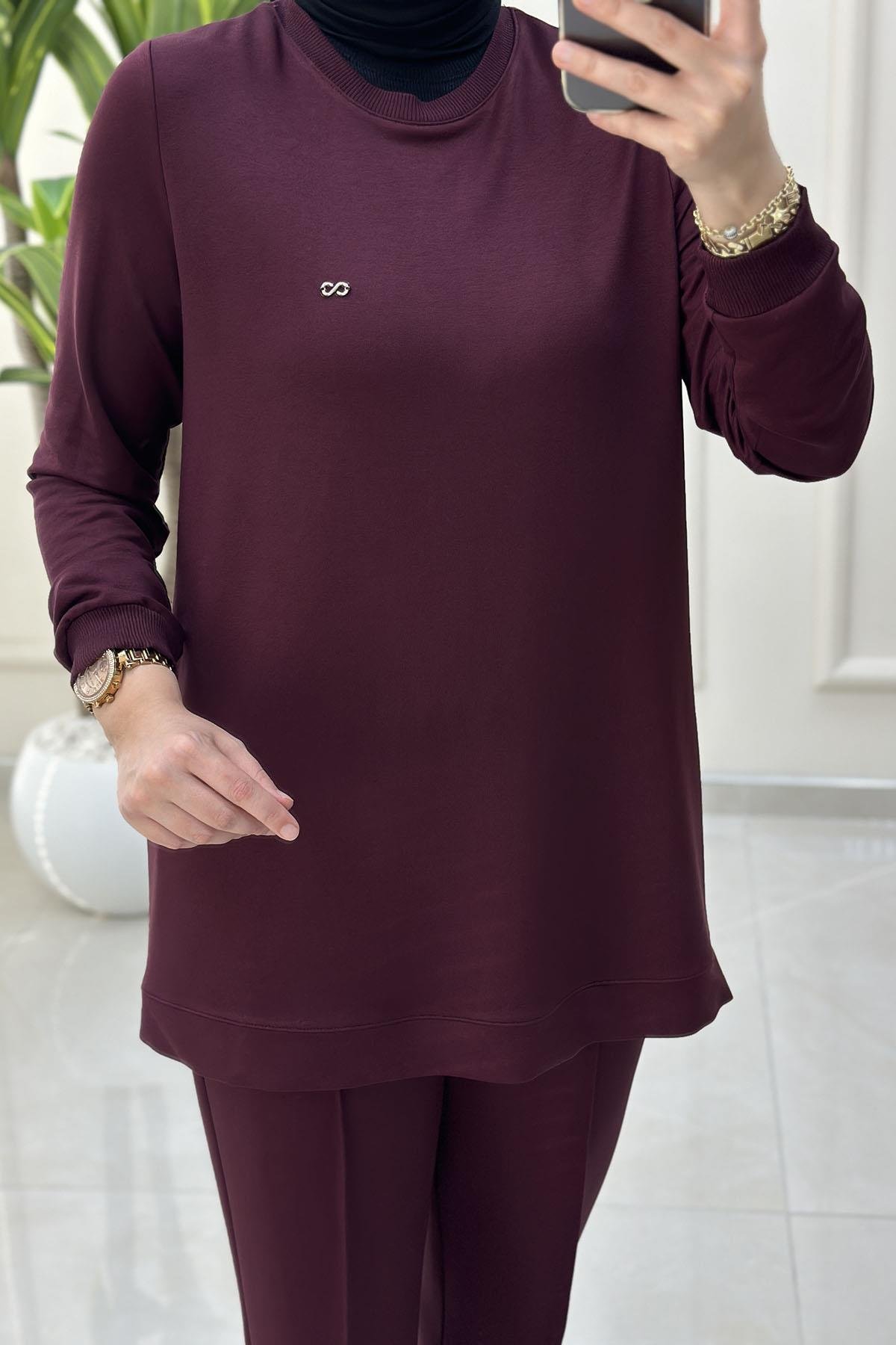 Tesettür Pantolonlu TakımYaka ve Kol Ribanalı Tunik ve Pantolon Kadın İkili Takım Açık Bordo KADO 257796