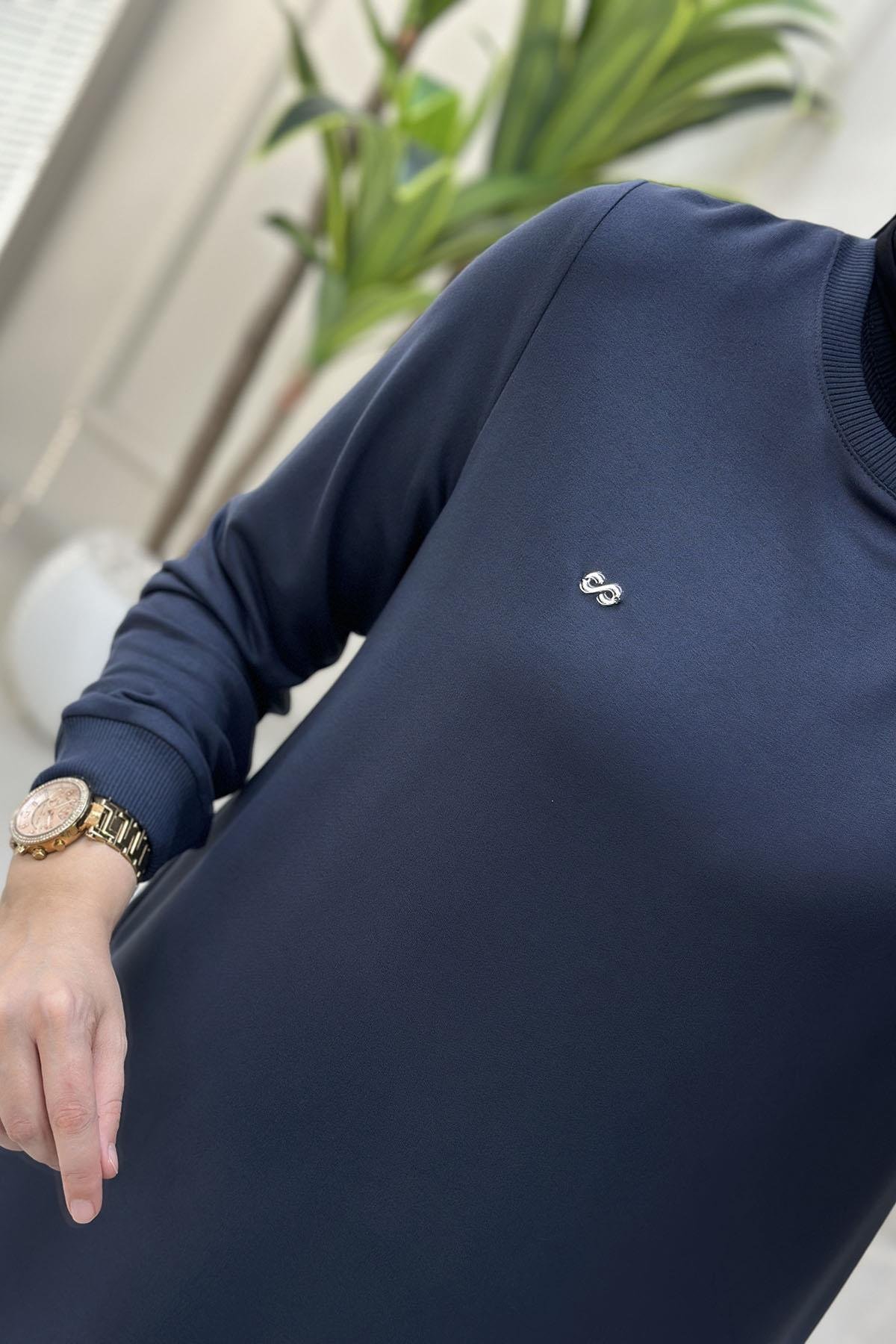 Tesettür Pantolonlu TakımYaka ve Kol Ribanalı Tunik ve Pantolon Kadın İkili Takım Antrasit KADO 257796