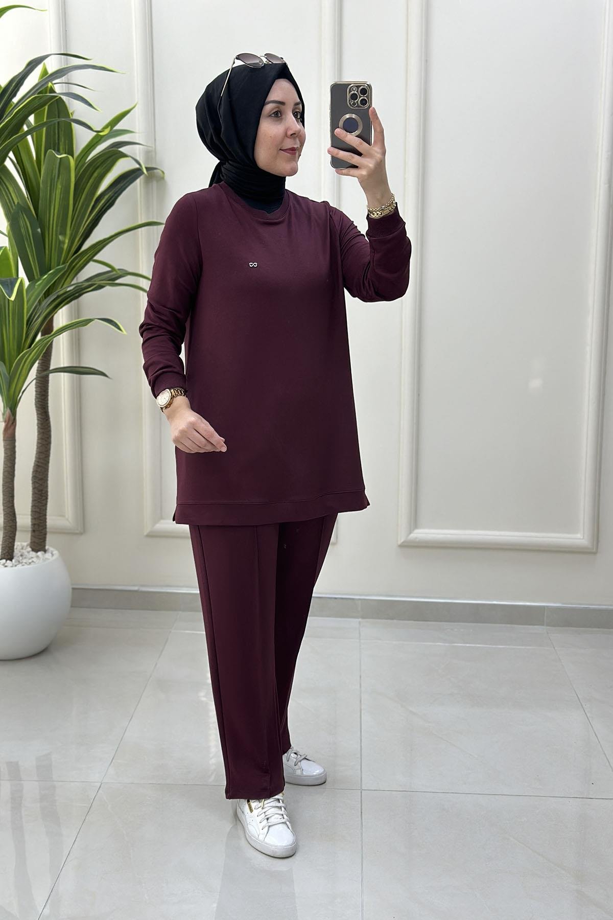 Tesettür Pantolonlu TakımYaka ve Kol Ribanalı Tunik ve Pantolon Kadın İkili Takım Açık Bordo KADO 257796