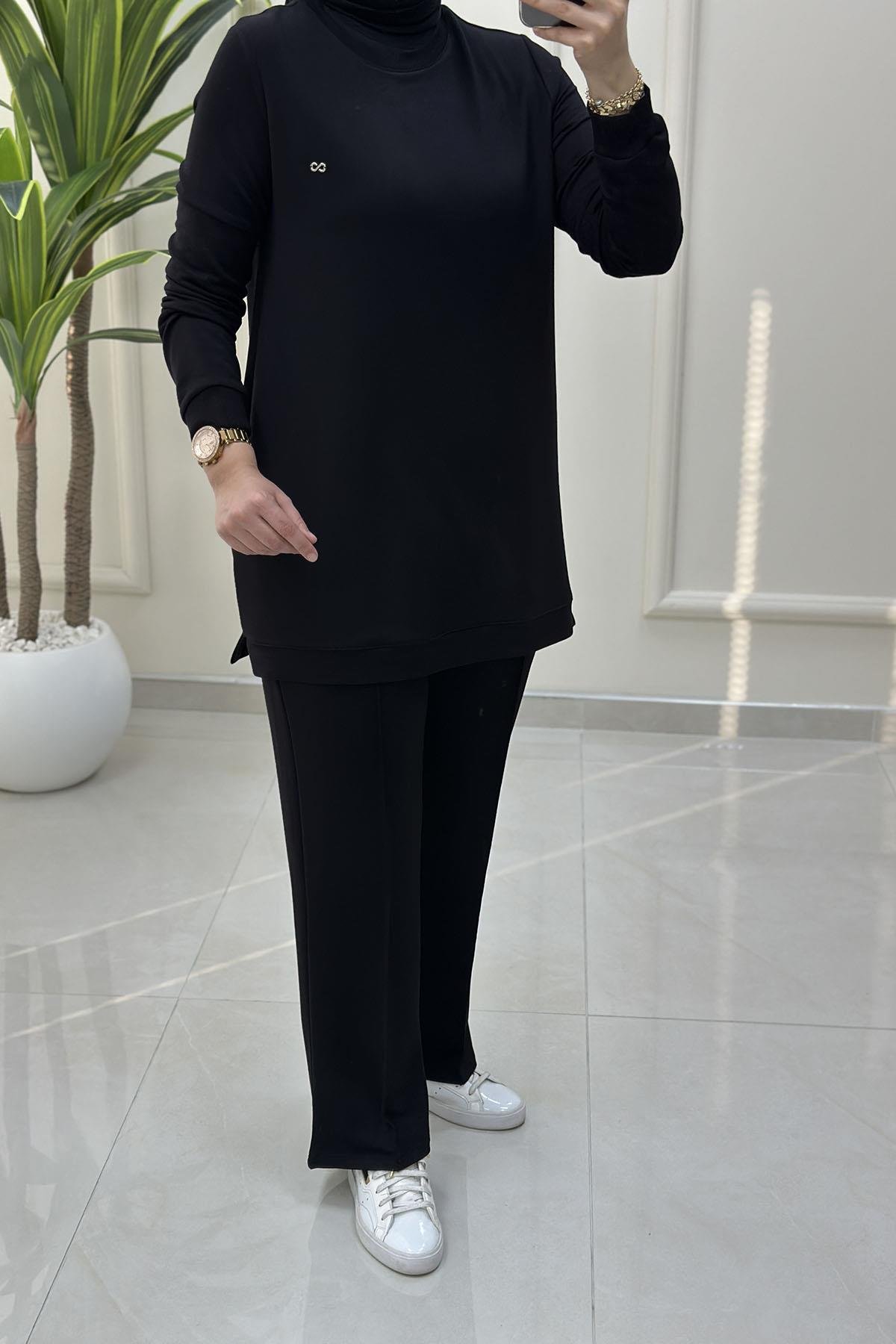 Tesettür Pantolonlu TakımYaka ve Kol Ribanalı Tunik ve Pantolon Kadın İkili Takım Siyah KADO 257796