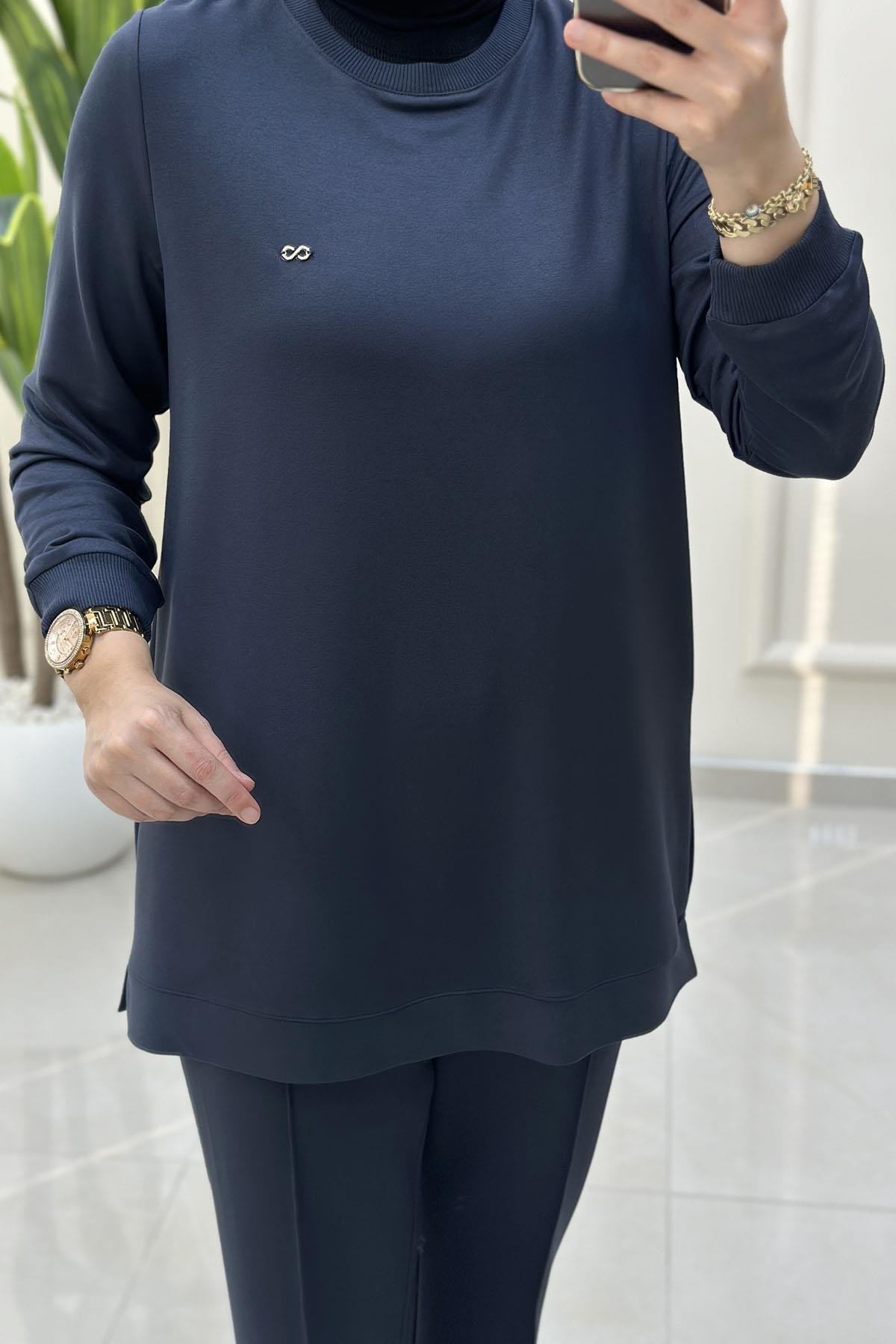 Tesettür Pantolonlu TakımYaka ve Kol Ribanalı Tunik ve Pantolon Kadın İkili Takım Antrasit KADO 257796