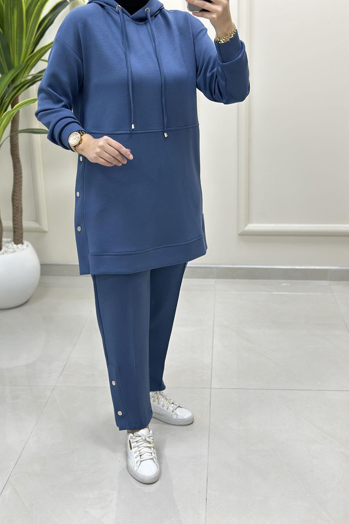 Tesettür Pantolonlu TakımYanları Zımba Detaylı Düşük Omuz Tunik ve Pantolon Kadın Oysho İkili Takım İndigo ALS 5201