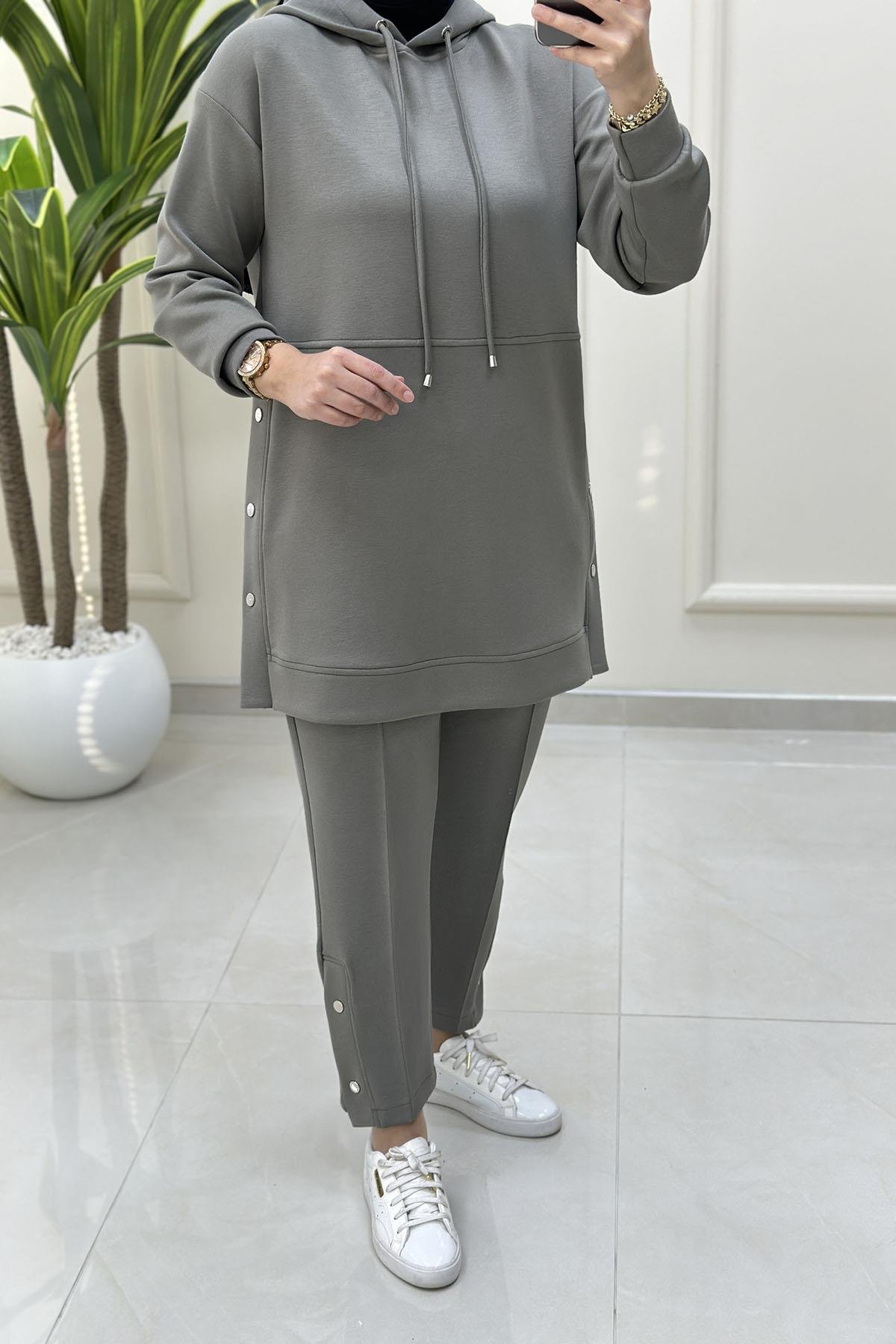 Tesettür Pantolonlu TakımYanları Zımba Detaylı Düşük Omuz Tunik ve Pantolon Kadın Oysho İkili Takım Mint Yeşili ALS 5201