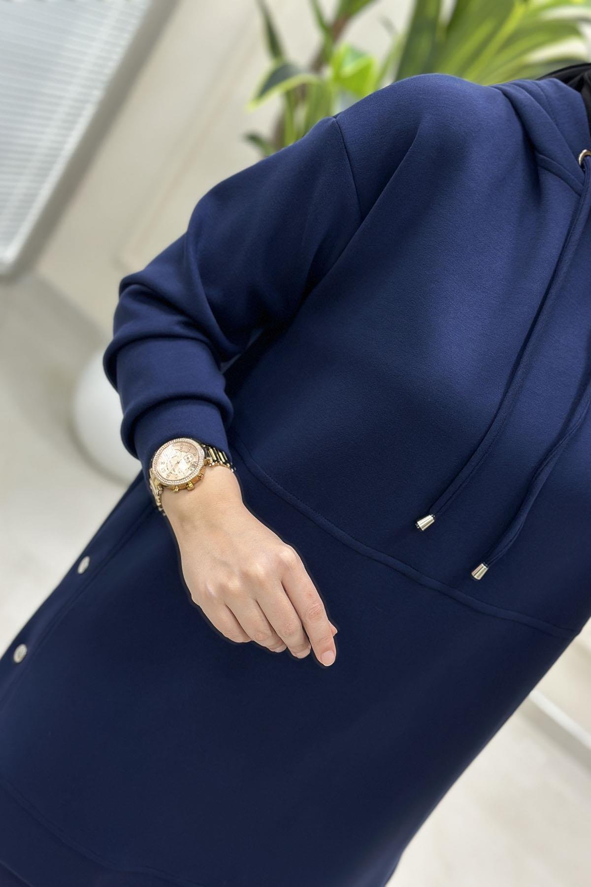 Tesettür Pantolonlu TakımYanları Zımba Detaylı Düşük Omuz Tunik ve Pantolon Kadın Oysho İkili Takım Lacivert ALS 5201