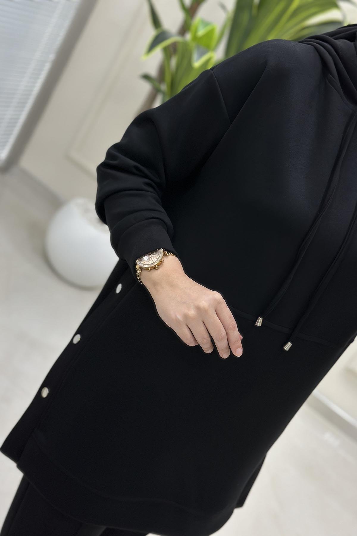 Tesettür Pantolonlu TakımYanları Zımba Detaylı Düşük Omuz Tunik ve Pantolon Kadın Oysho İkili Takım Siyah ALS 5201