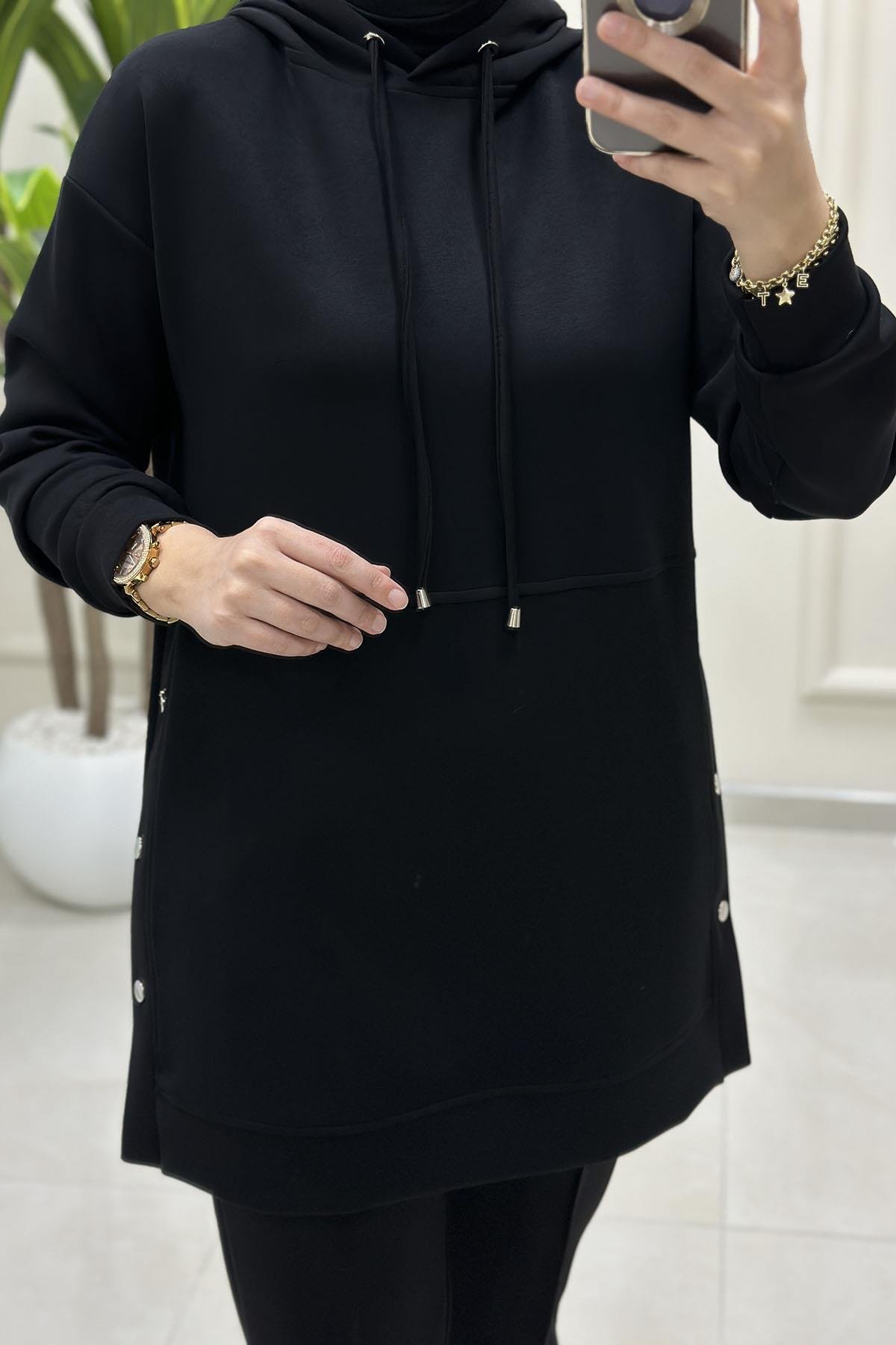 Tesettür Pantolonlu TakımYanları Zımba Detaylı Düşük Omuz Tunik ve Pantolon Kadın Oysho İkili Takım Siyah ALS 5201