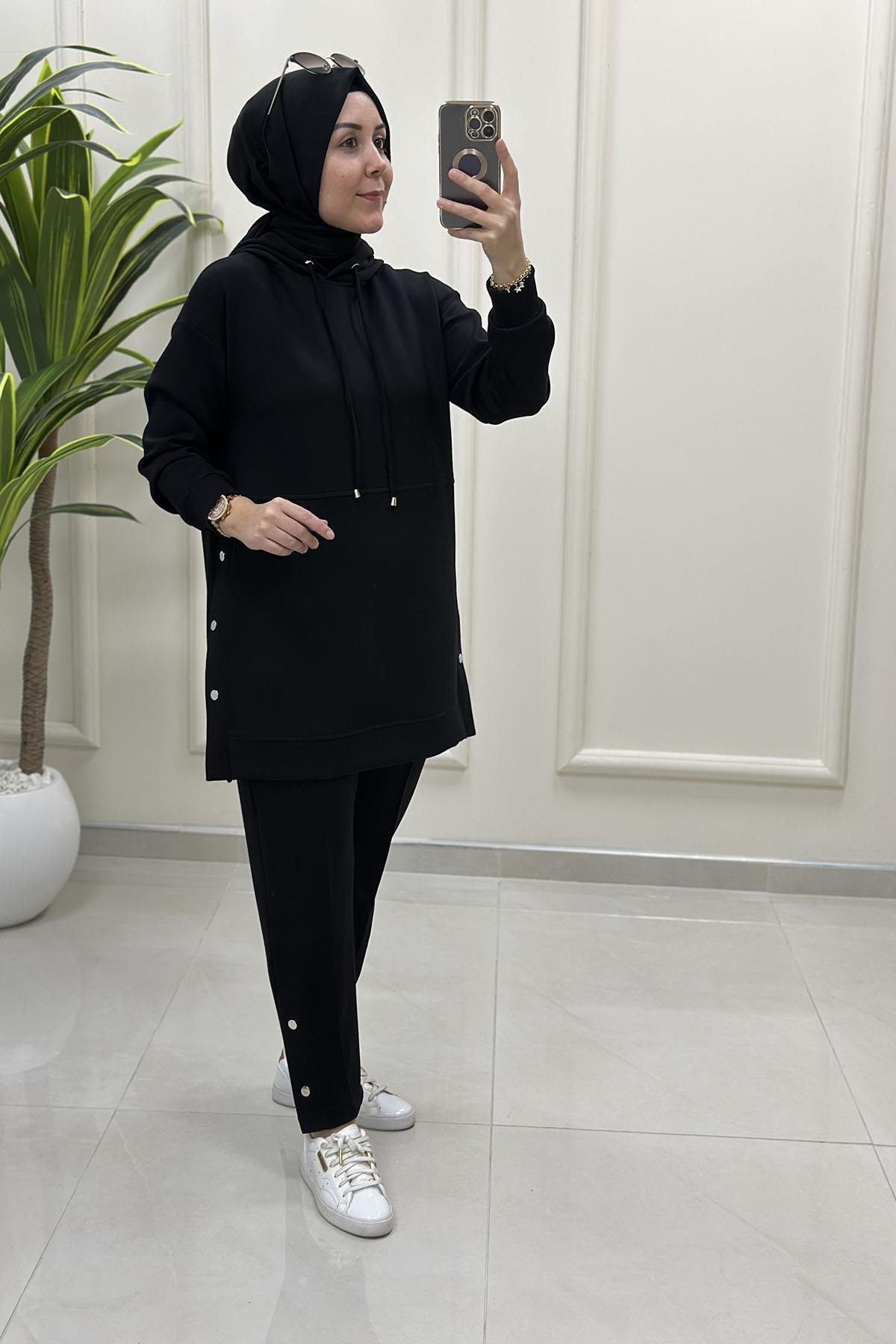 Tesettür Pantolonlu TakımYanları Zımba Detaylı Düşük Omuz Tunik ve Pantolon Kadın Oysho İkili Takım Siyah ALS 5201