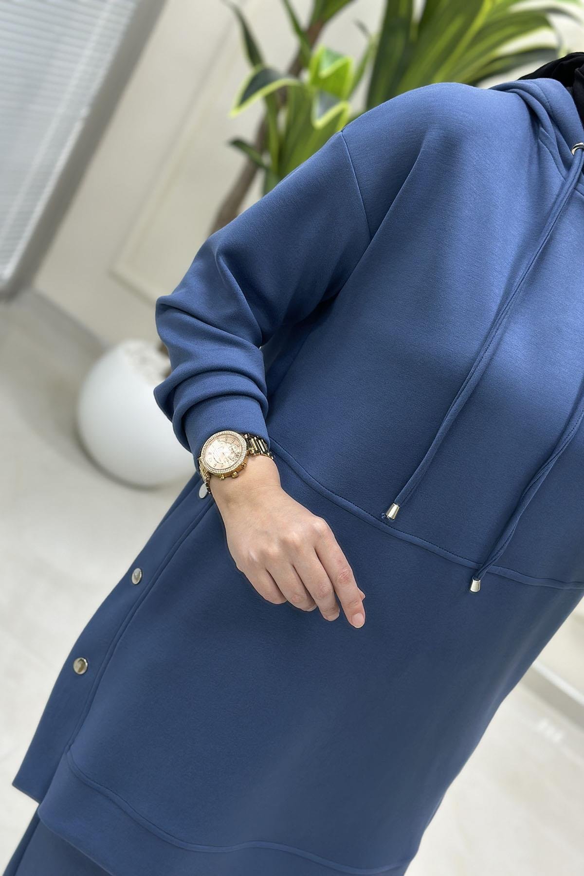 Tesettür Pantolonlu TakımYanları Zımba Detaylı Düşük Omuz Tunik ve Pantolon Kadın Oysho İkili Takım İndigo ALS 5201