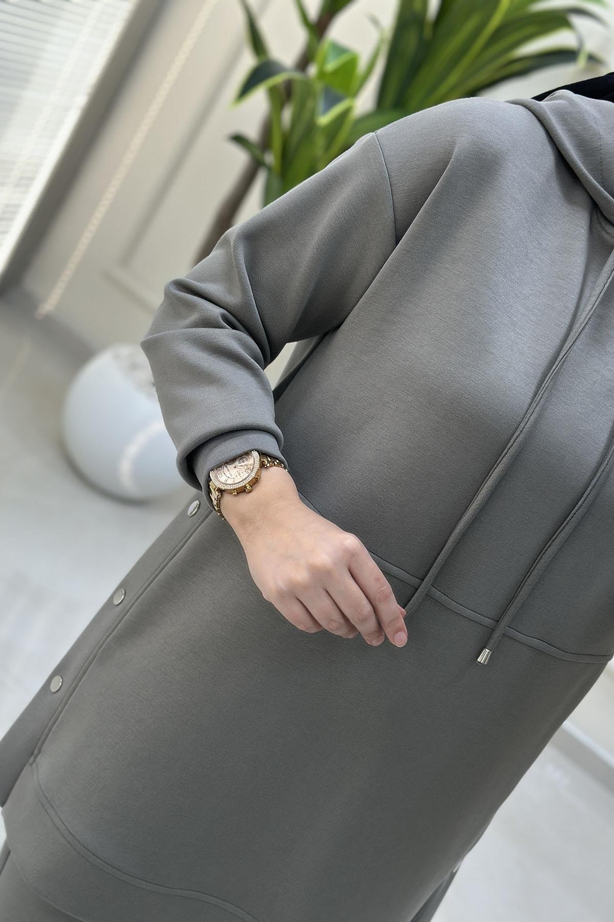 Tesettür Pantolonlu TakımYanları Zımba Detaylı Düşük Omuz Tunik ve Pantolon Kadın Oysho İkili Takım Mint Yeşili ALS 5201